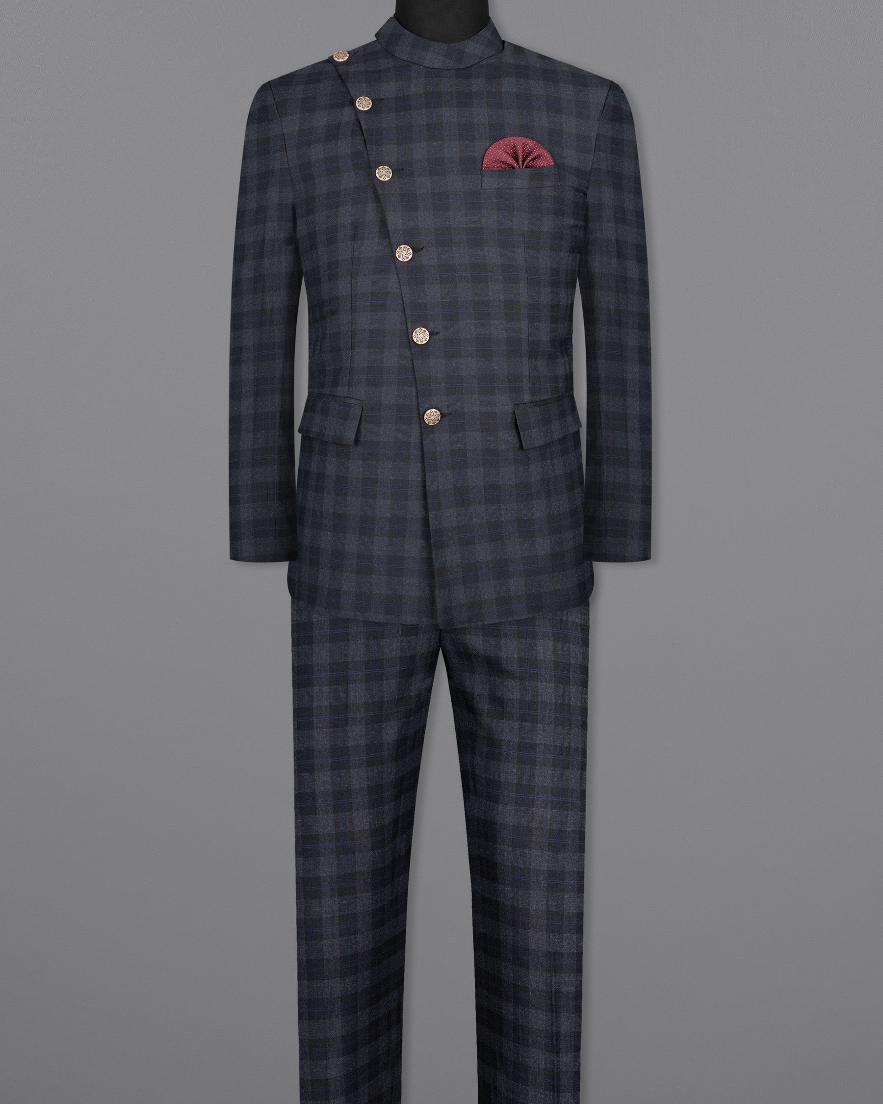 Bastille Grey Plaid Wool Rich Cross Buttoned Bandhgala Suit ST1498-CBG2-36, ST1498-CBG2-38, ST1498-CBG2-40, ST1498-CBG2-42, ST1498-CBG2-44, ST1498-CBG2-46, ST1498-CBG2-48, ST1498-CBG2-50, ST1498-CBG2-52, ST1498-CBG2-54, ST1498-CBG2-56, ST1498-CBG2-58, ST1498-CBG2-60