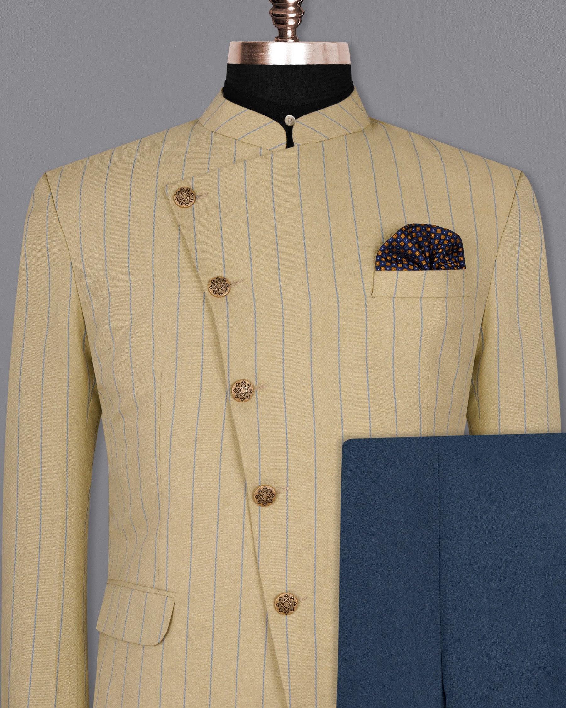 Pavlova Cream Striped Woolrich Cross Buttoned Bandhgala Suit ST1523-CBG-36, ST1523-CBG-38, ST1523-CBG-40, ST1523-CBG-42, ST1523-CBG-44, ST1523-CBG-46, ST1523-CBG-48, ST1523-CBG-50, ST1523-CBG-52, ST1523-CBG-54, ST1523-CBG-56, ST1523-CBG-58, ST1523-CBG-60