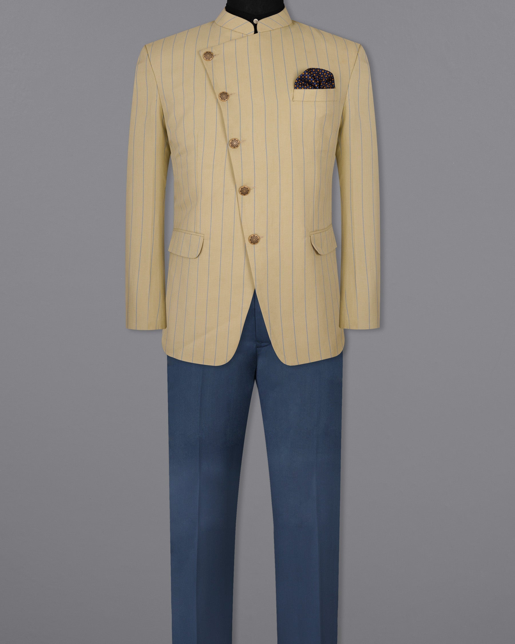 Pavlova Cream Striped Woolrich Cross Buttoned Bandhgala Suit ST1523-CBG-36, ST1523-CBG-38, ST1523-CBG-40, ST1523-CBG-42, ST1523-CBG-44, ST1523-CBG-46, ST1523-CBG-48, ST1523-CBG-50, ST1523-CBG-52, ST1523-CBG-54, ST1523-CBG-56, ST1523-CBG-58, ST1523-CBG-60