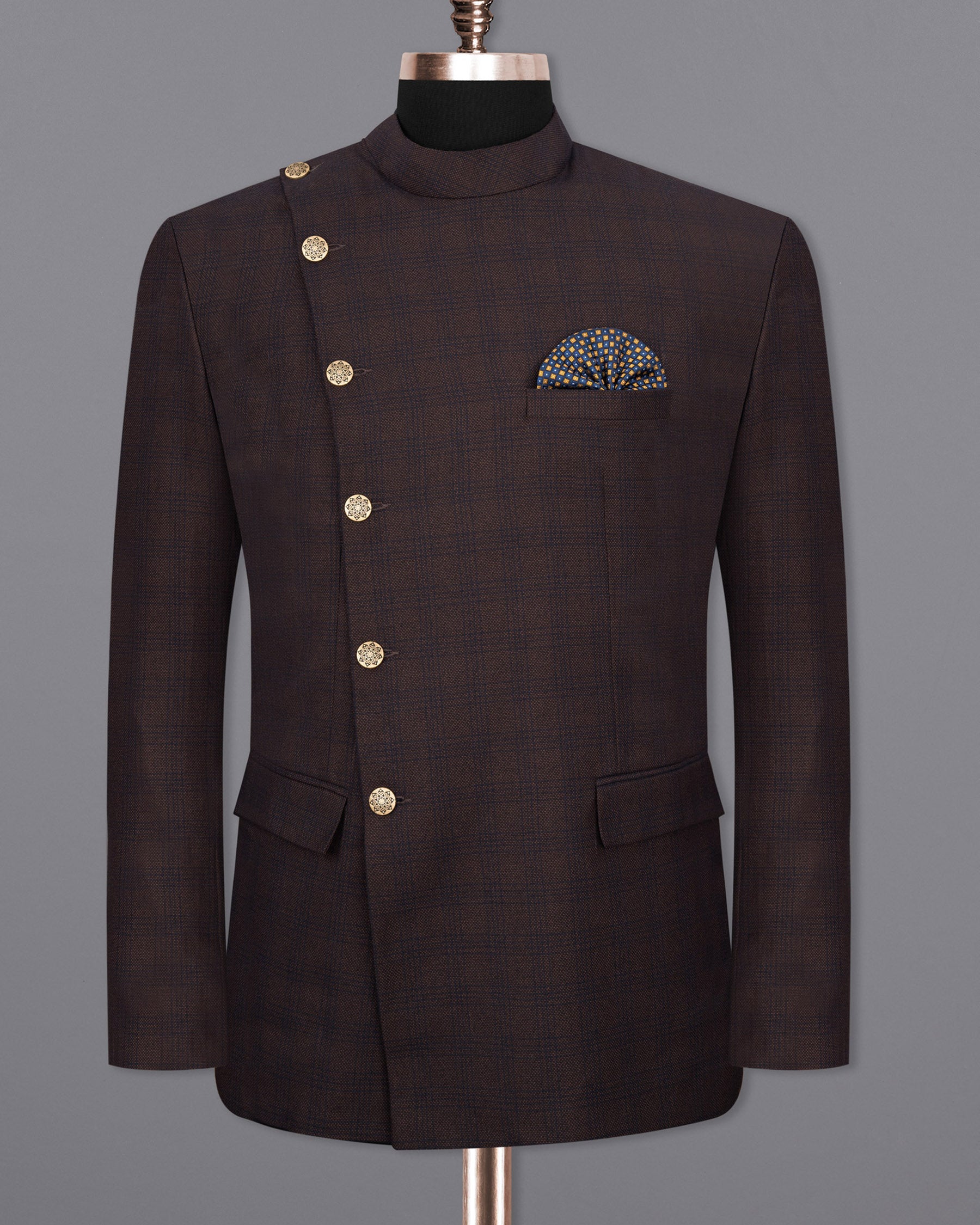 Thunder Brown Subtle Checkered Woolrich Cross Placket Bandhgala Suit