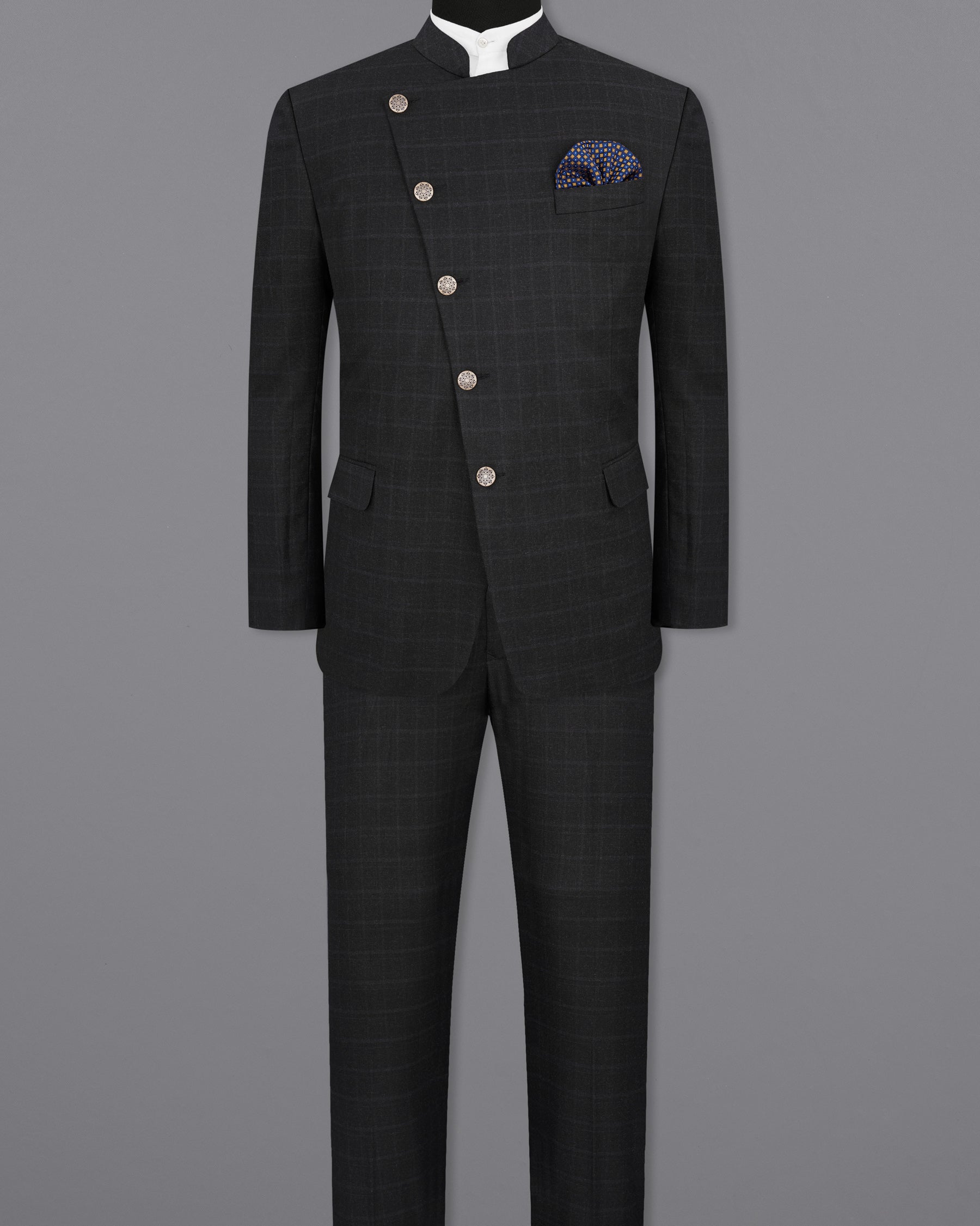 Shark Gray Plaid Cross Placket Bandhgala Suit