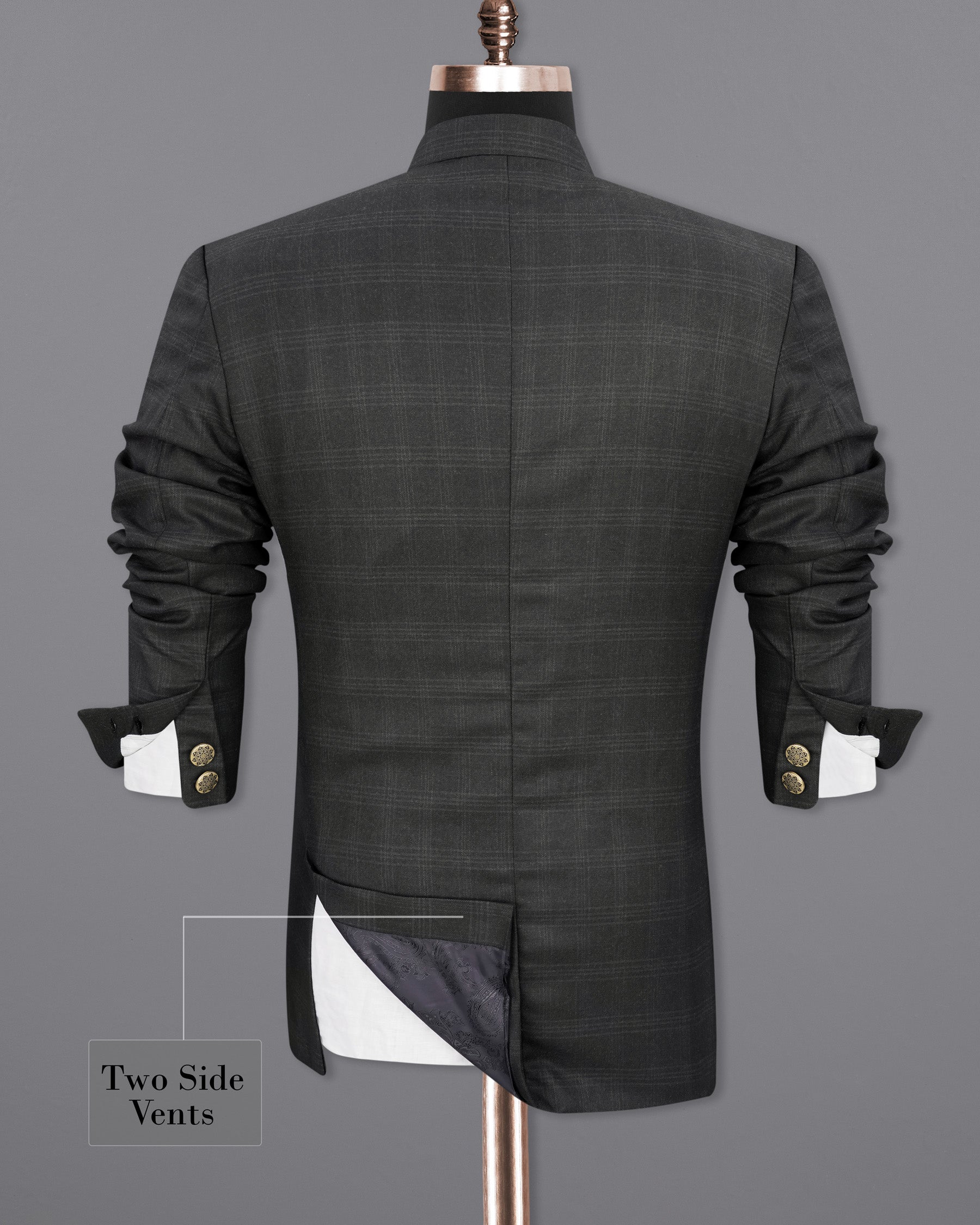 Charcoal Gray Plaid Cross Placket Bandhgala Suit