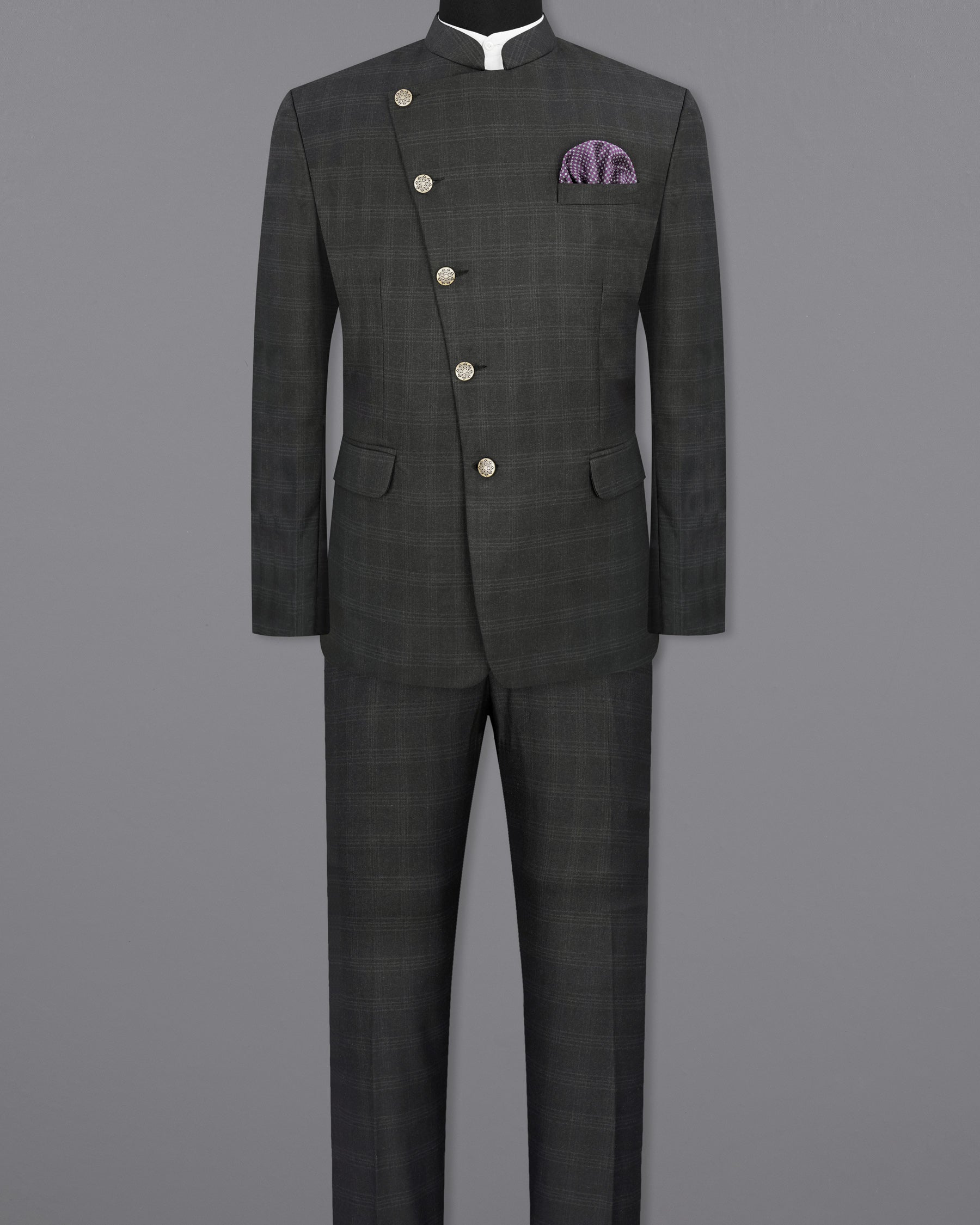 Charcoal Gray Plaid Cross Placket Bandhgala Suit