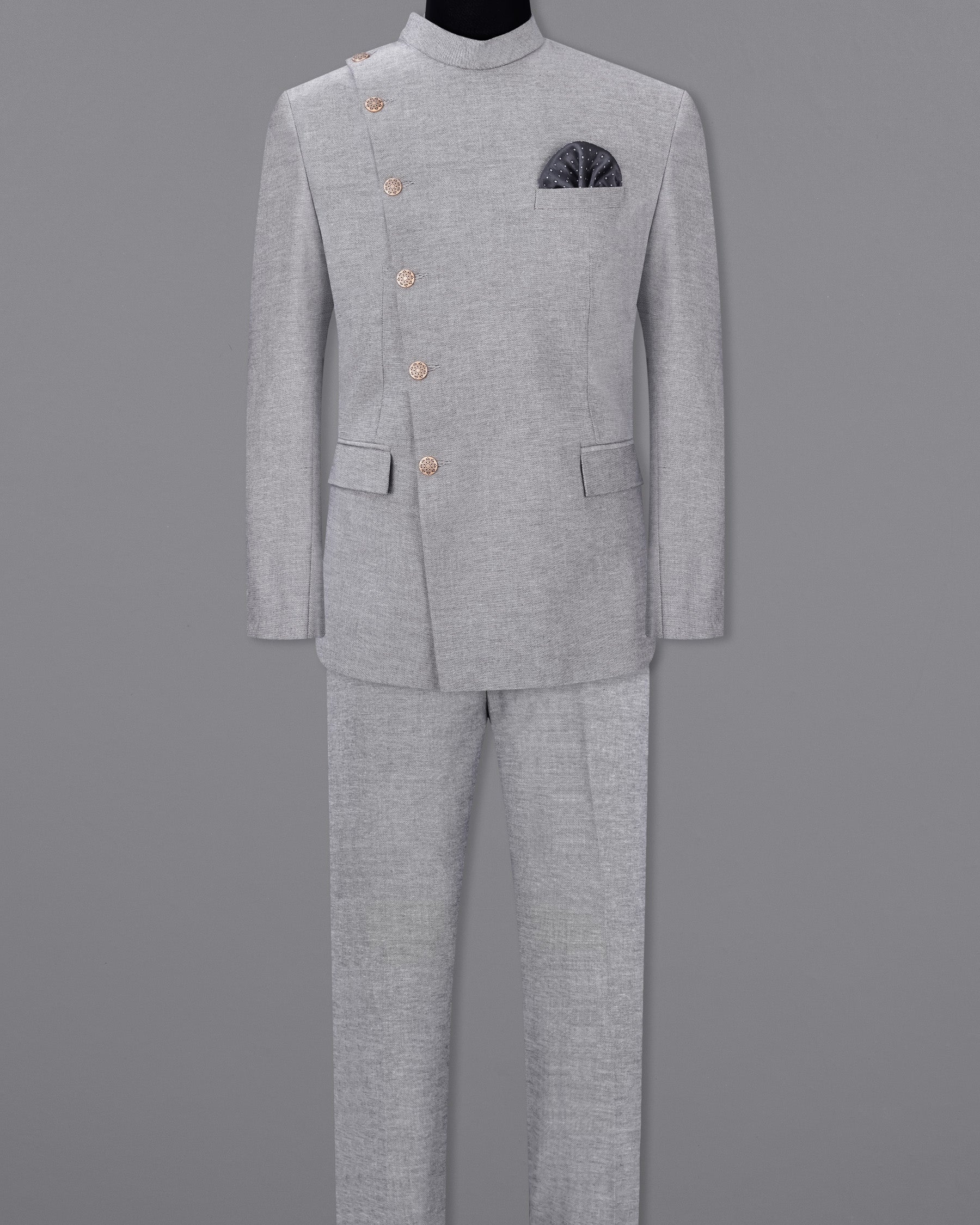 Star Dust Gray Cross Placket Bandhgala Premium Cotton Suit