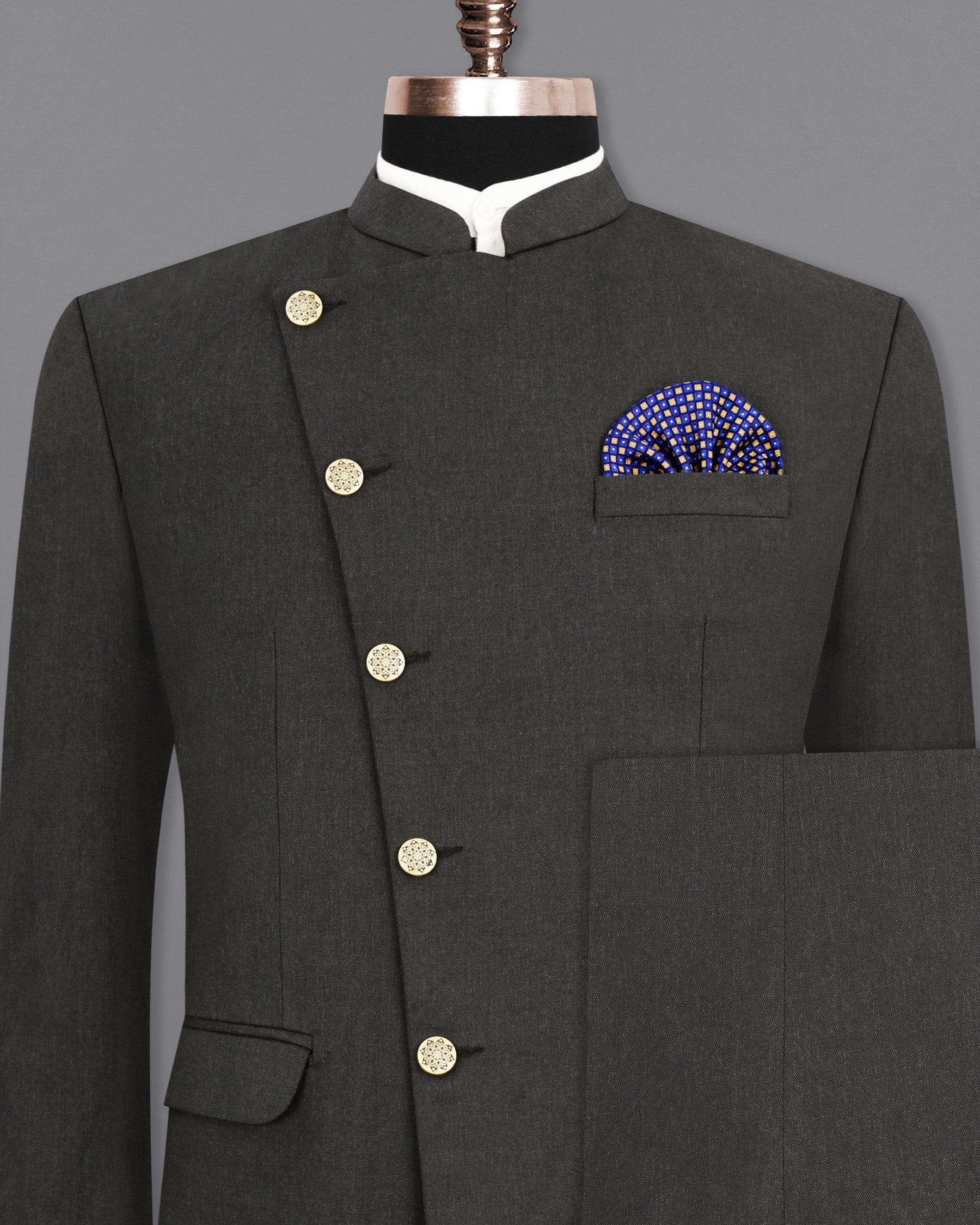 Thunder Gray Cross Placket  Bandhgala Suit