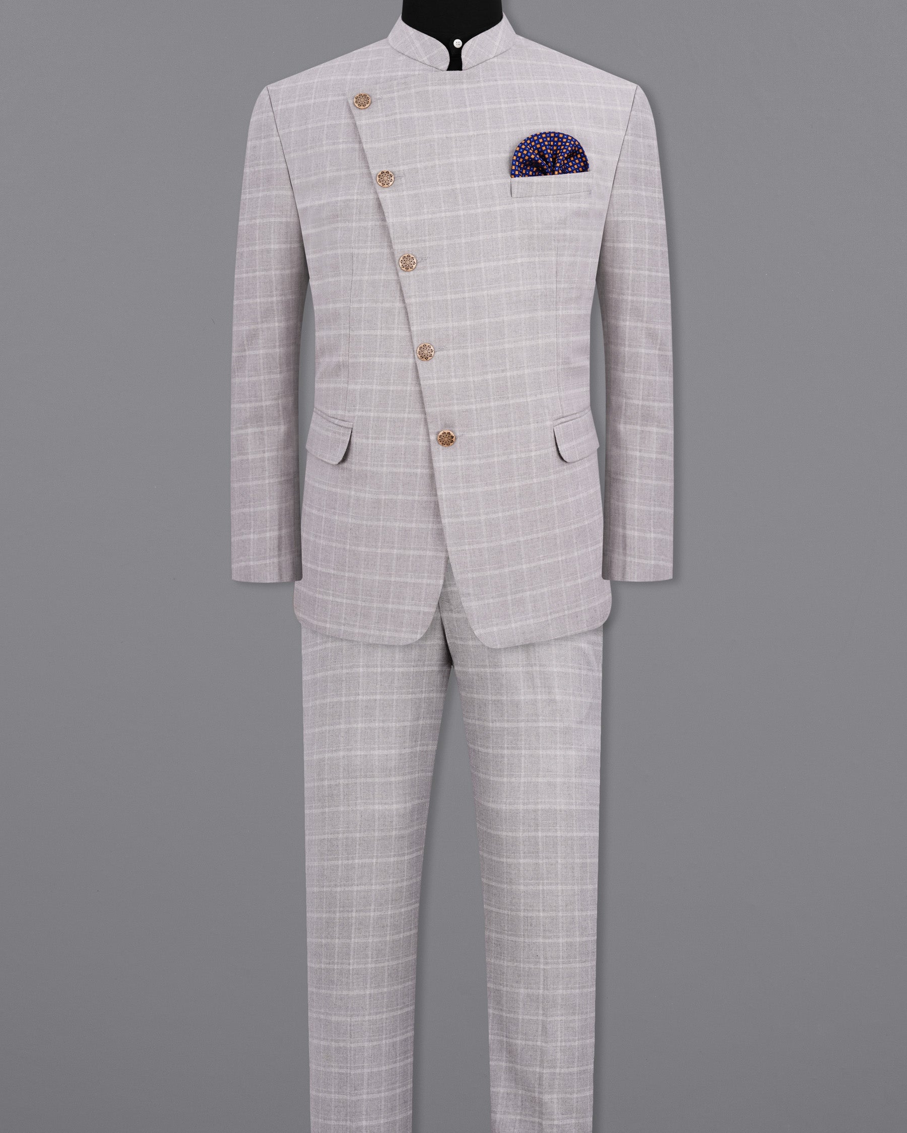 Bronco Light Gray Plaid Cross Placket Bandhgala Suit