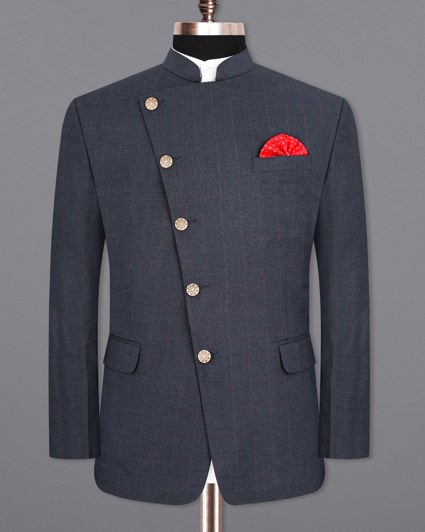 Ebony Subtle Plaid Cross Placket Bandhgala Suit