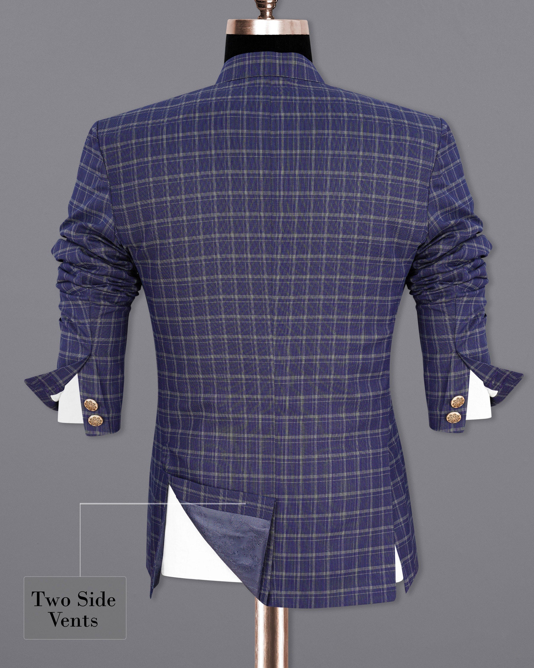 Mulled Wine Blue With Casper Gray Checkered Cross Placket Bandhgala Suit