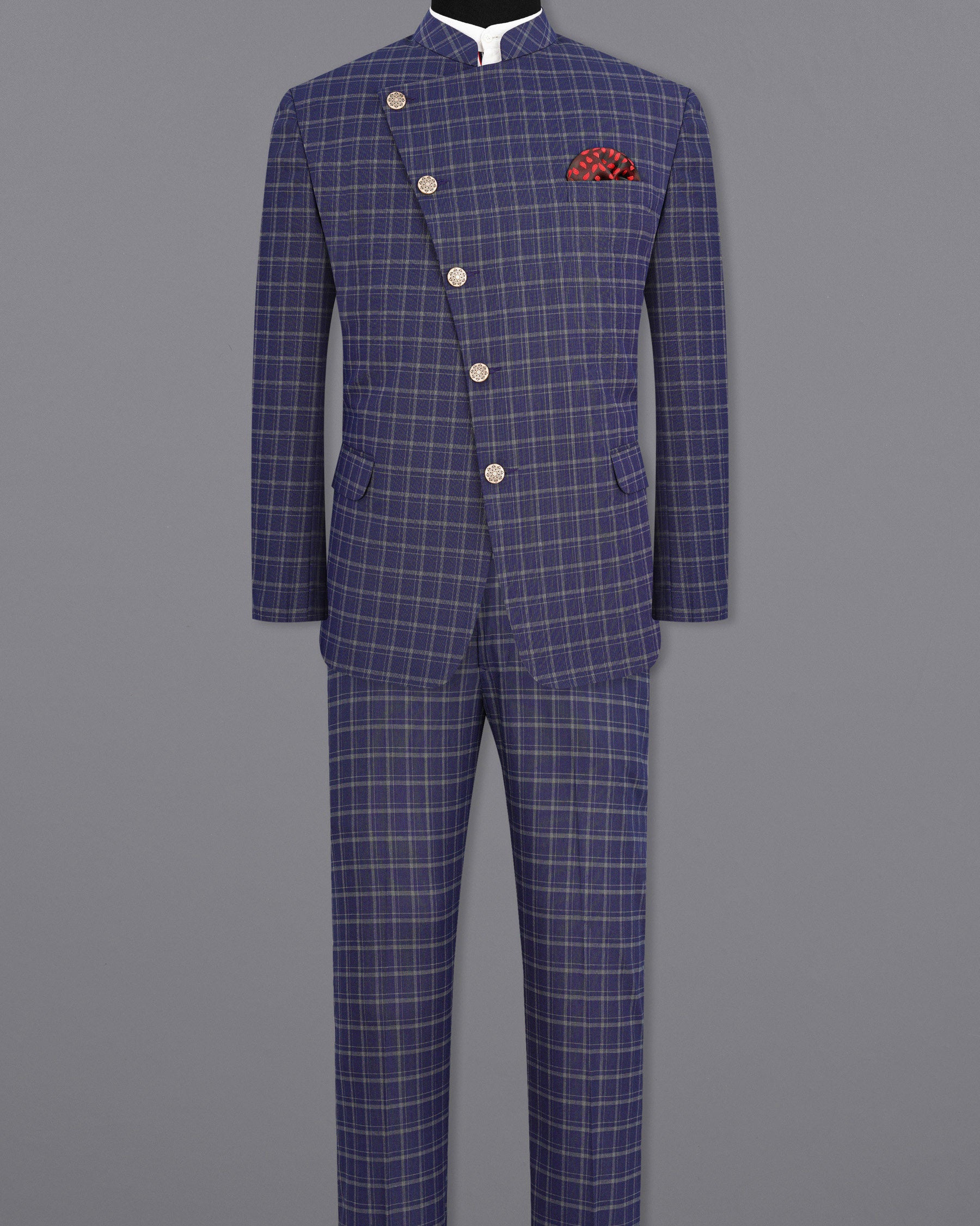 Mulled Wine Blue With Casper Gray Checkered Cross Placket Bandhgala Suit