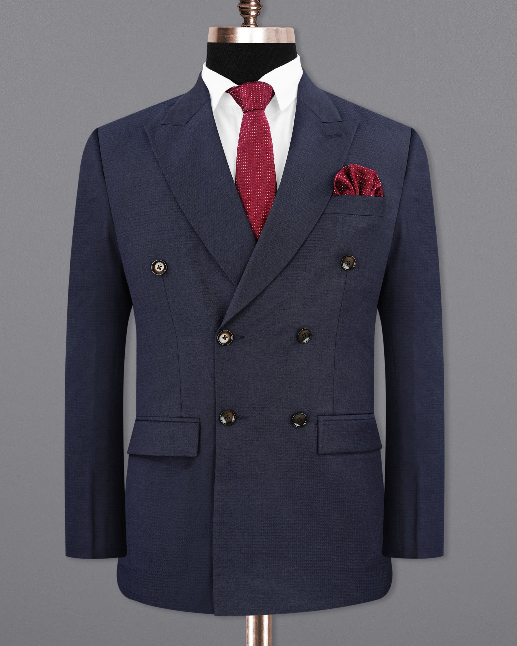 Tuna Navy Blue Micro Triangle Textured Double Breasted Suit