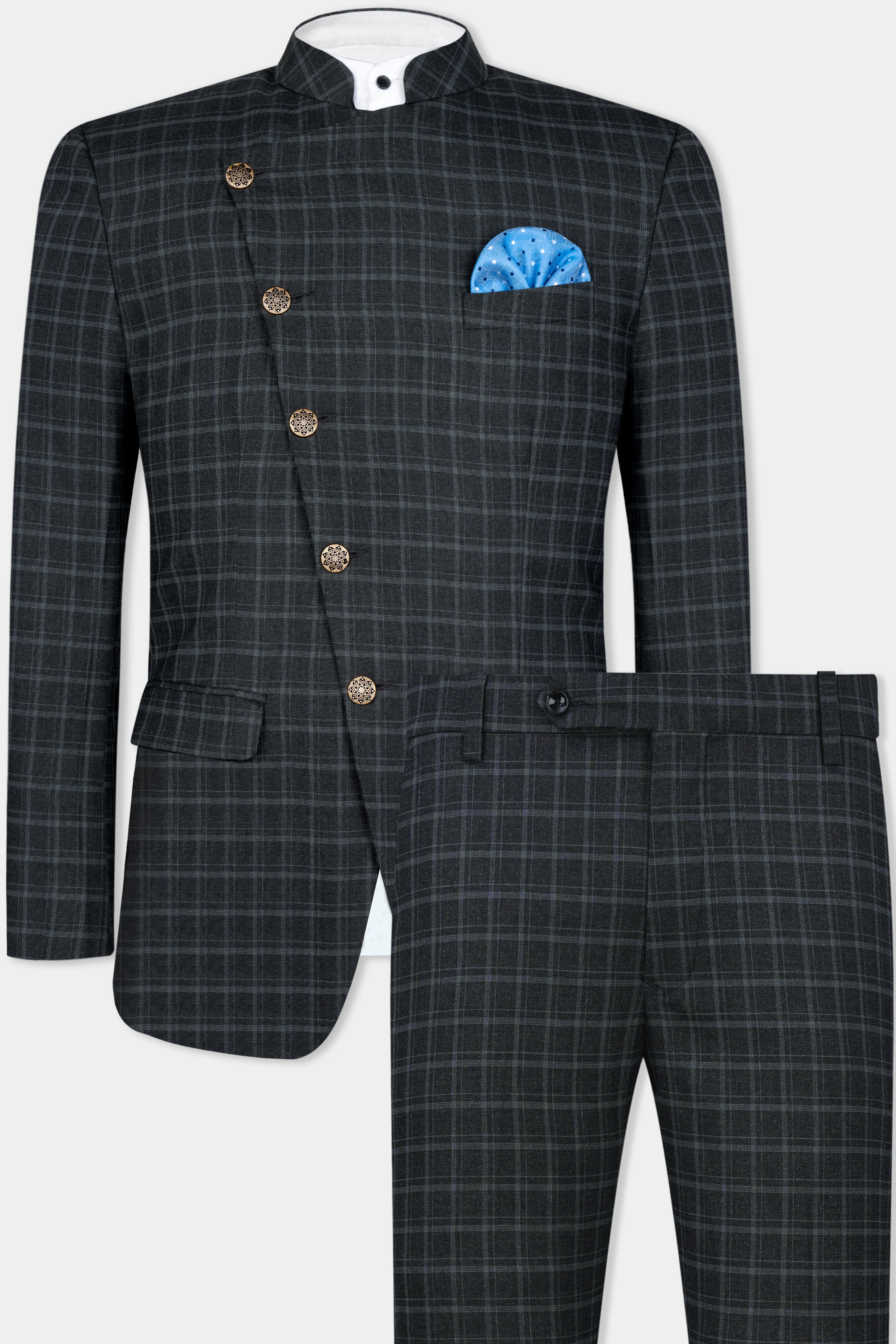 Cape God Gray windowpane Cross Bandhgala Suit