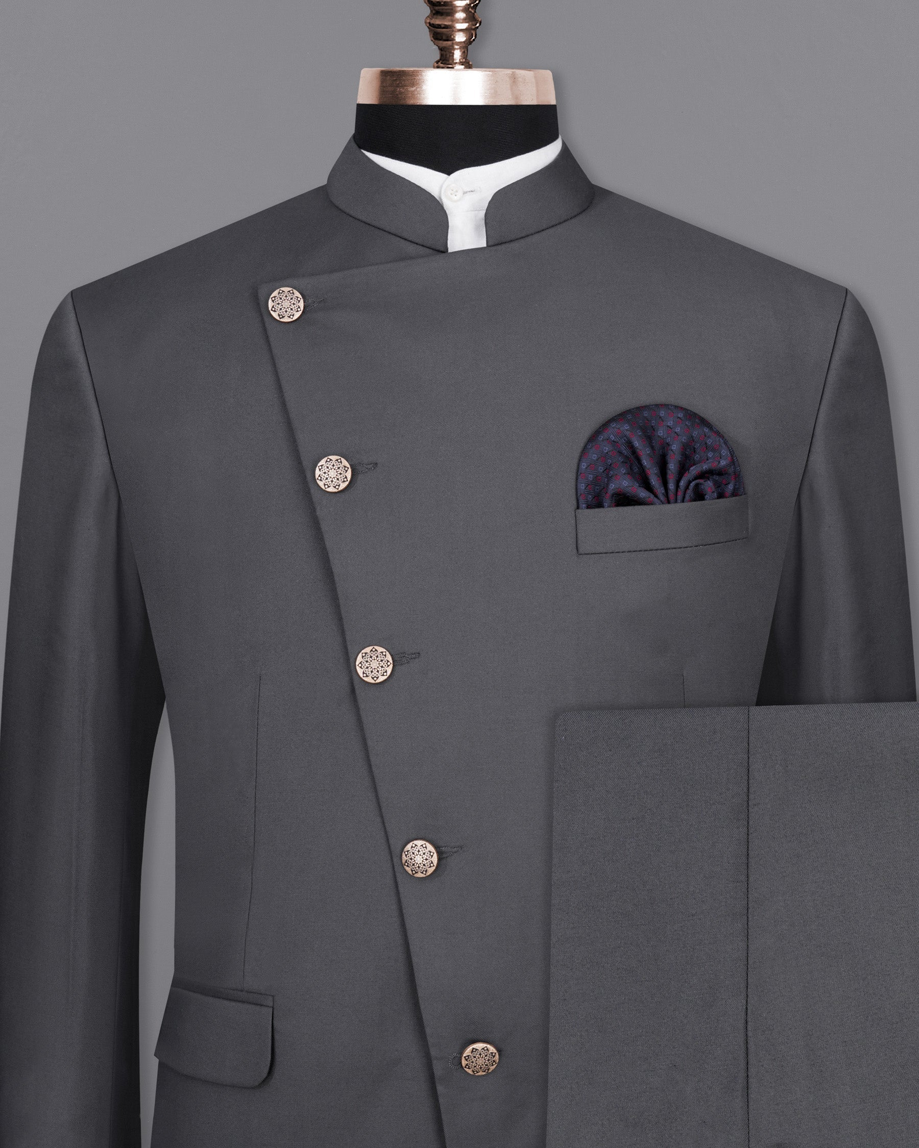 Vampire Gray Cross Placket Bandhgala Suit