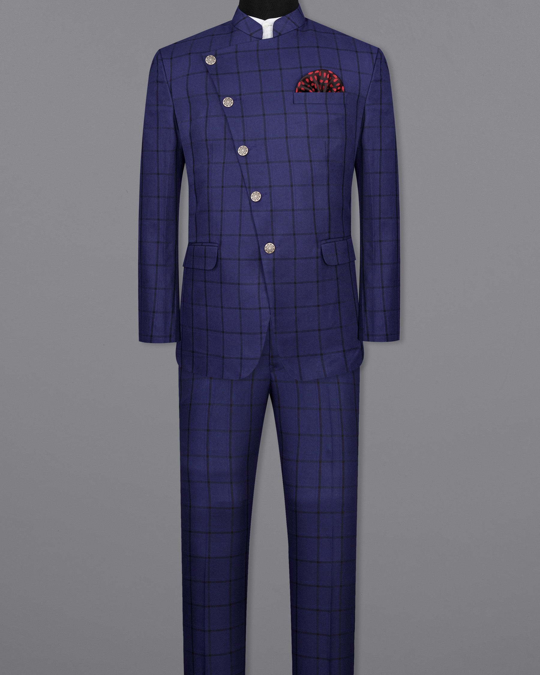 Zodiac Dark Blue Windowpane Cross Placket Bandhgala Suit