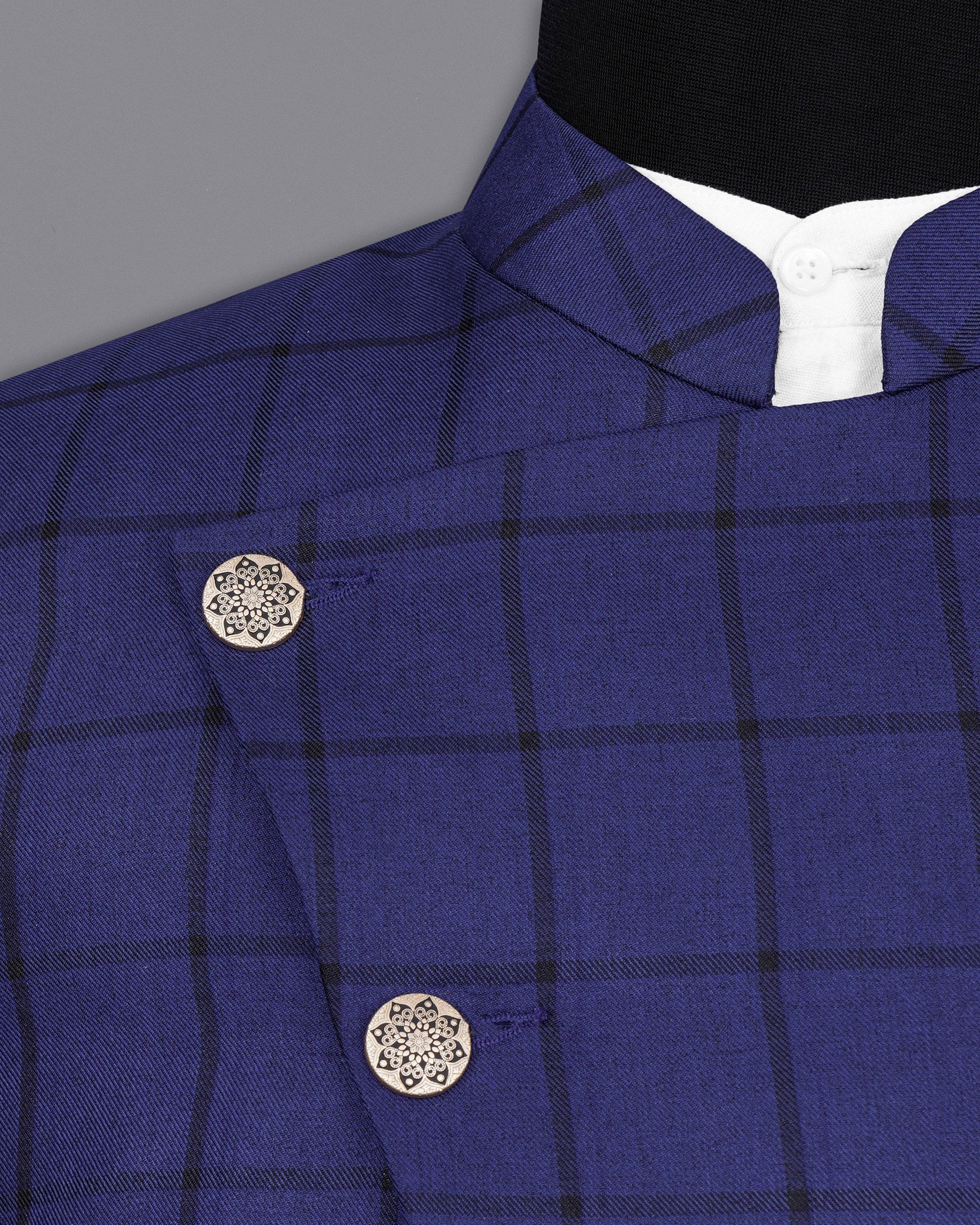 Zodiac Dark Blue Windowpane Cross Placket Bandhgala Suit