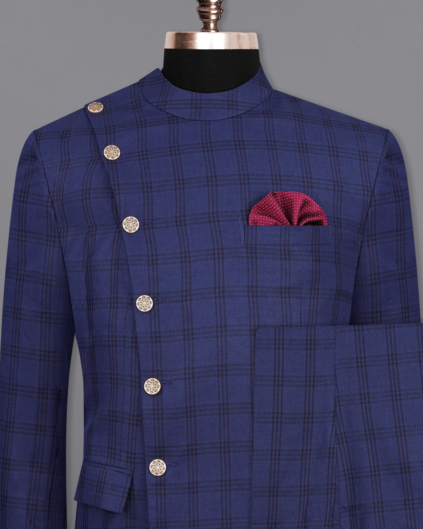 Cloud Burst Blue With Black Plaid Cross Placket Bandhgala Suit