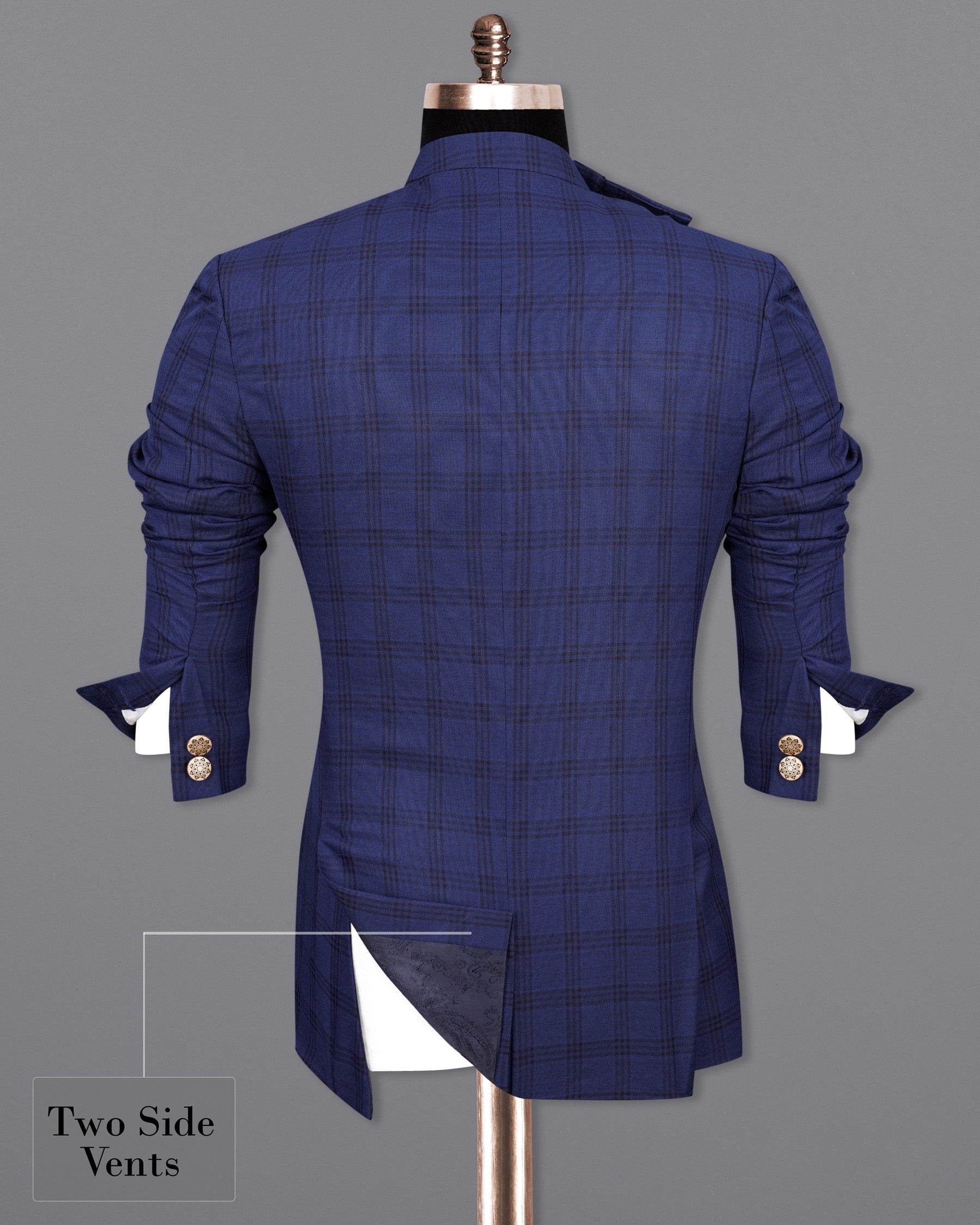 Cloud Burst Blue With Black Plaid Cross Placket Bandhgala Suit