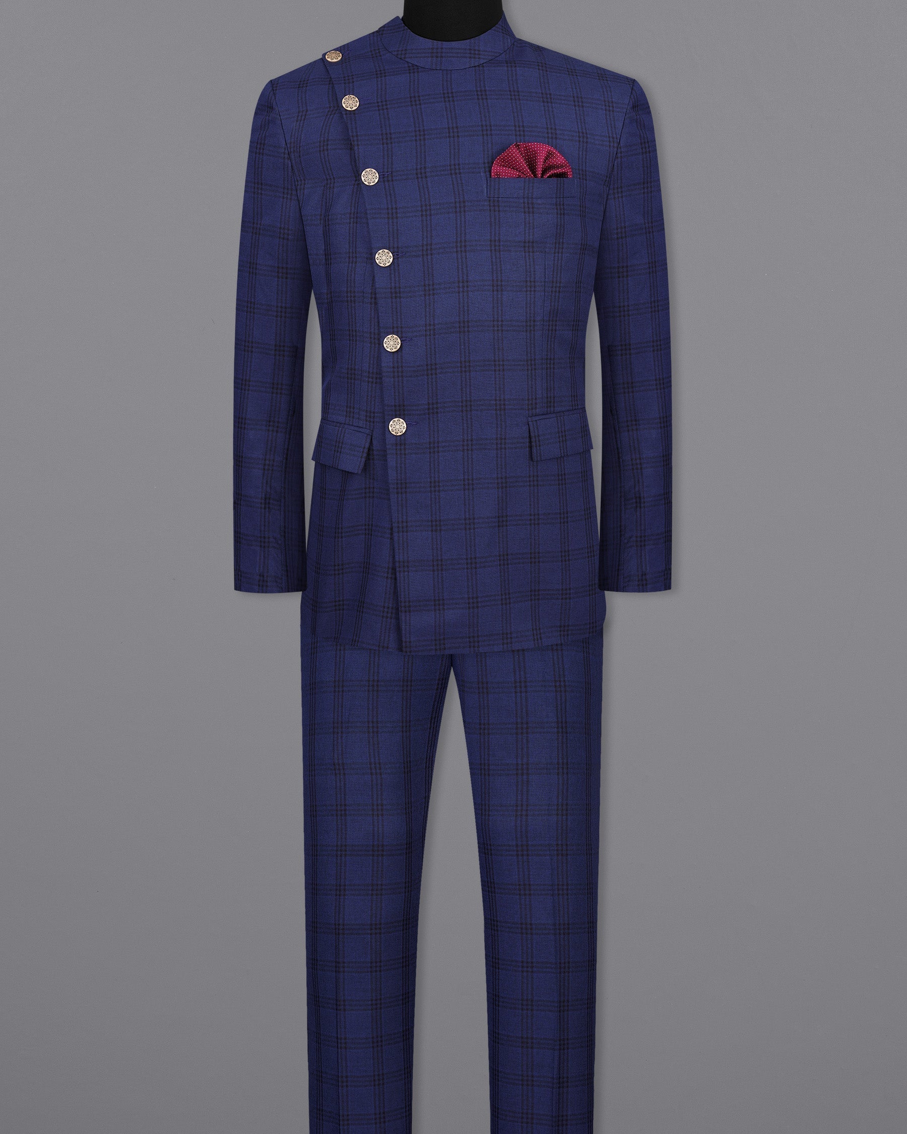 Cloud Burst Blue With Black Plaid Cross Placket Bandhgala Suit