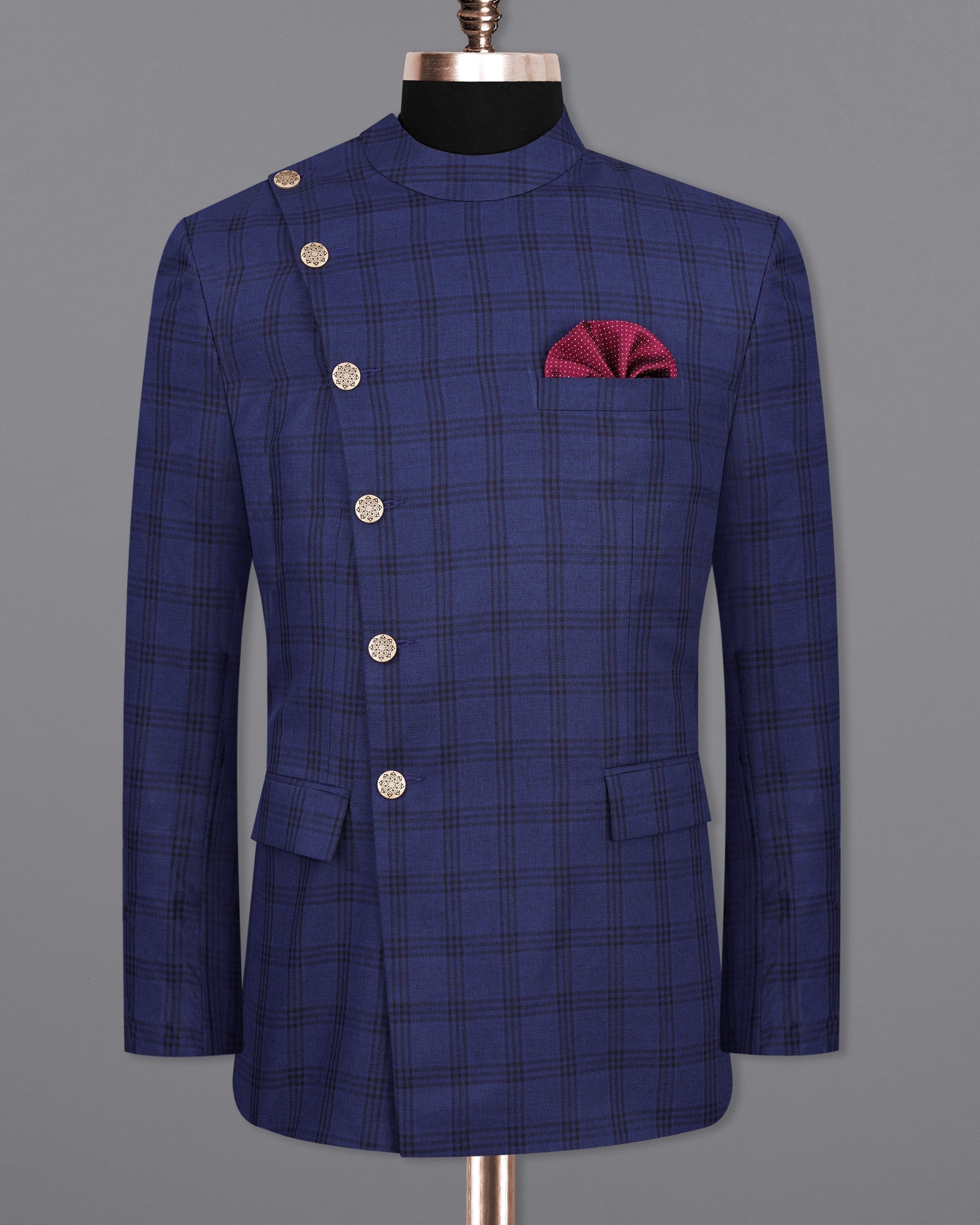 Cloud Burst Blue With Black Plaid Cross Placket Bandhgala Suit