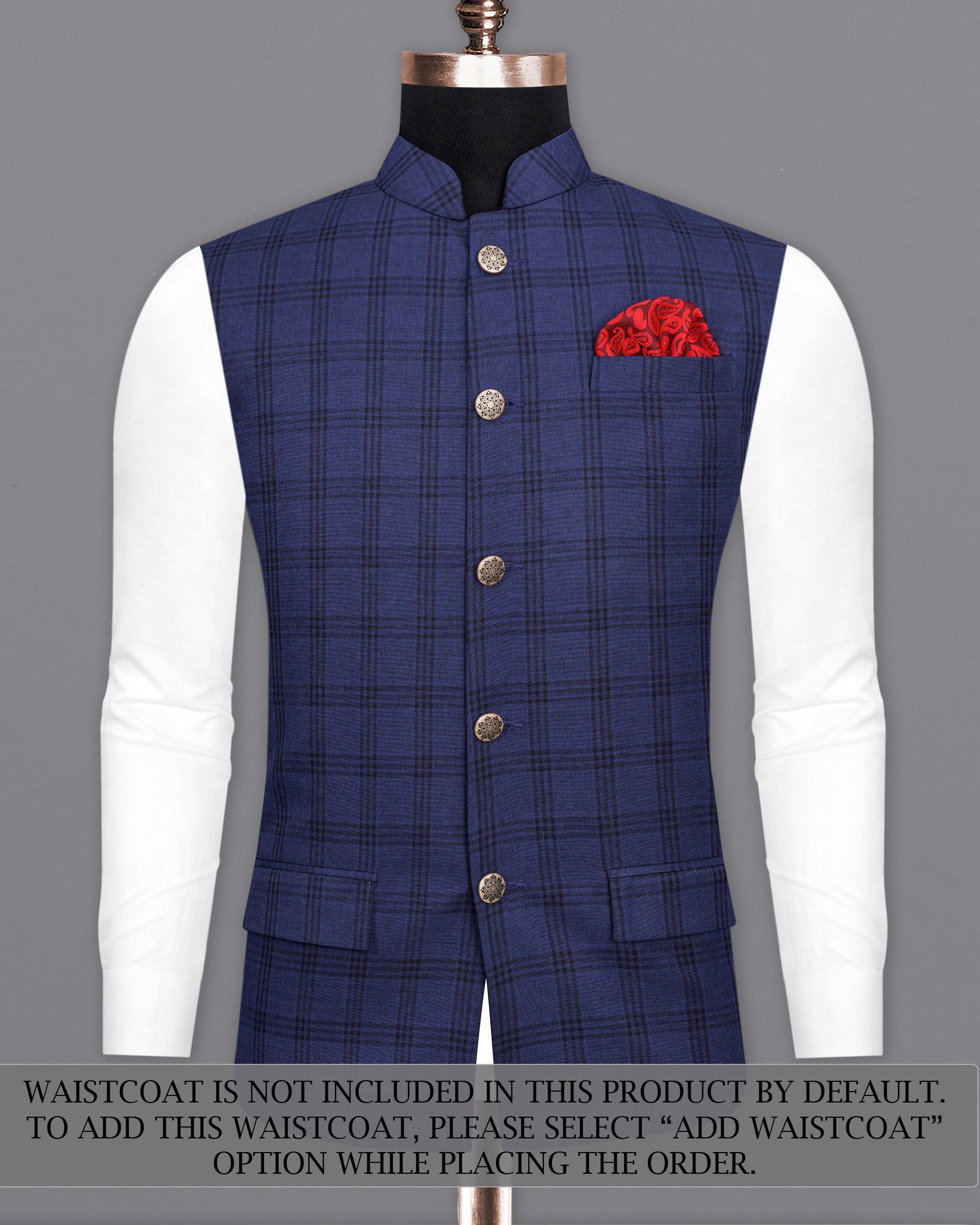 Cloud Burst Blue With Black Plaid Cross Placket Bandhgala Suit