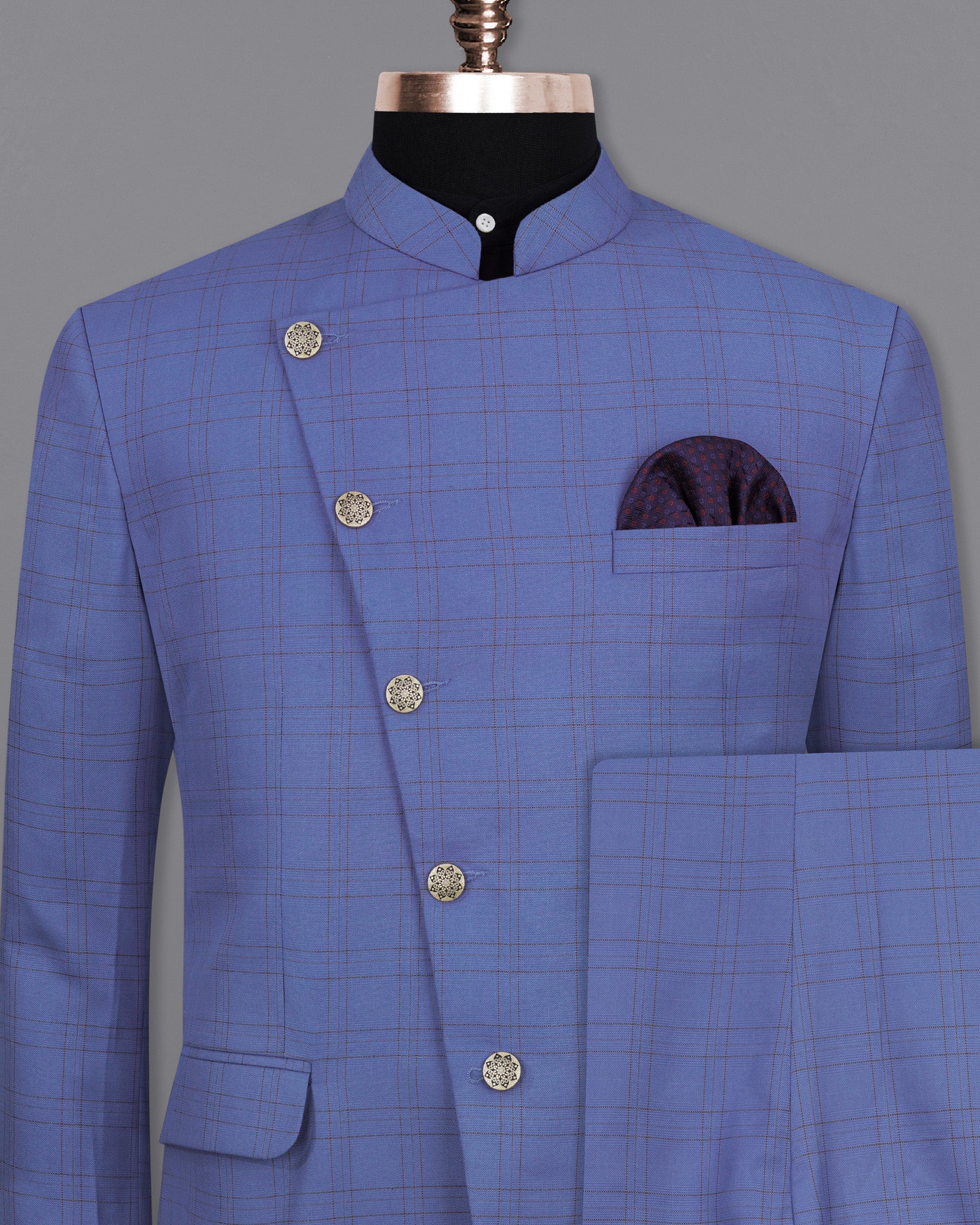 Scampi Blue With Pickled Brown Plaid Cross Placket Bandhgala Suit