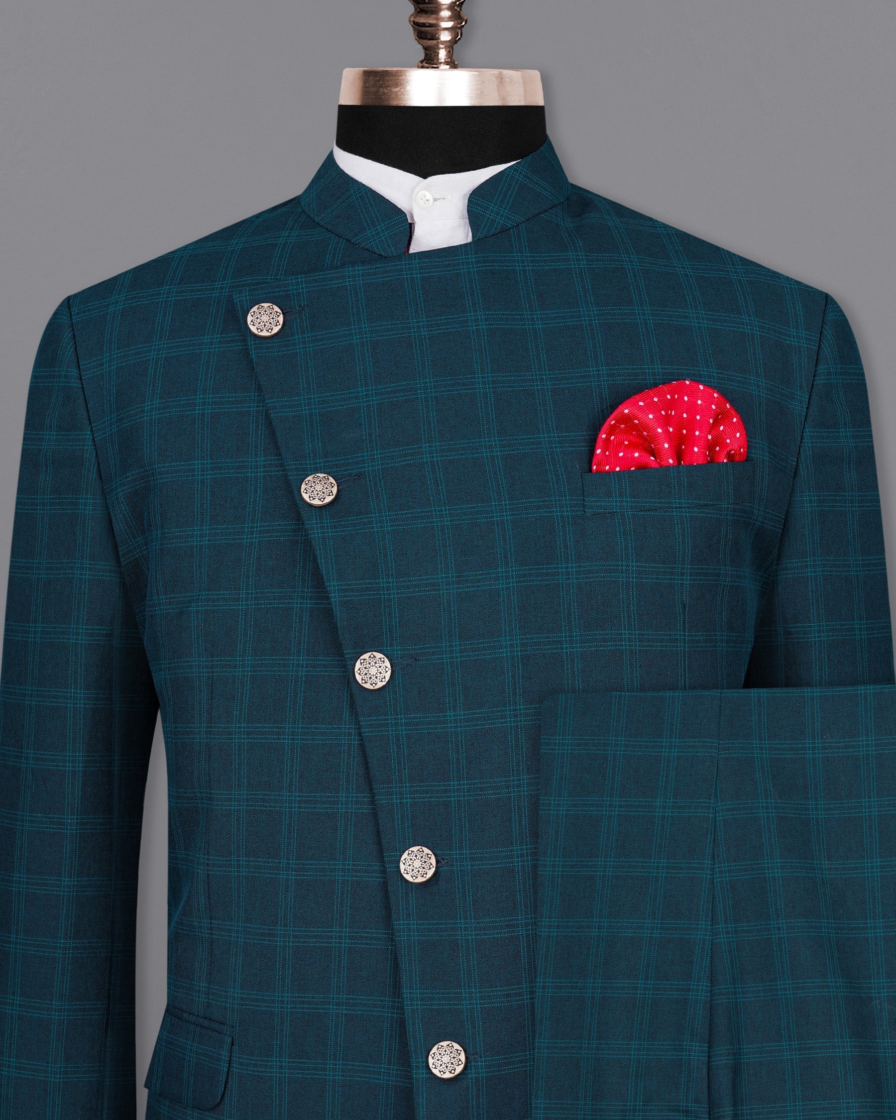 Cloud Burst Sea Green Windowpane Cross Placket Bandhgala Suit