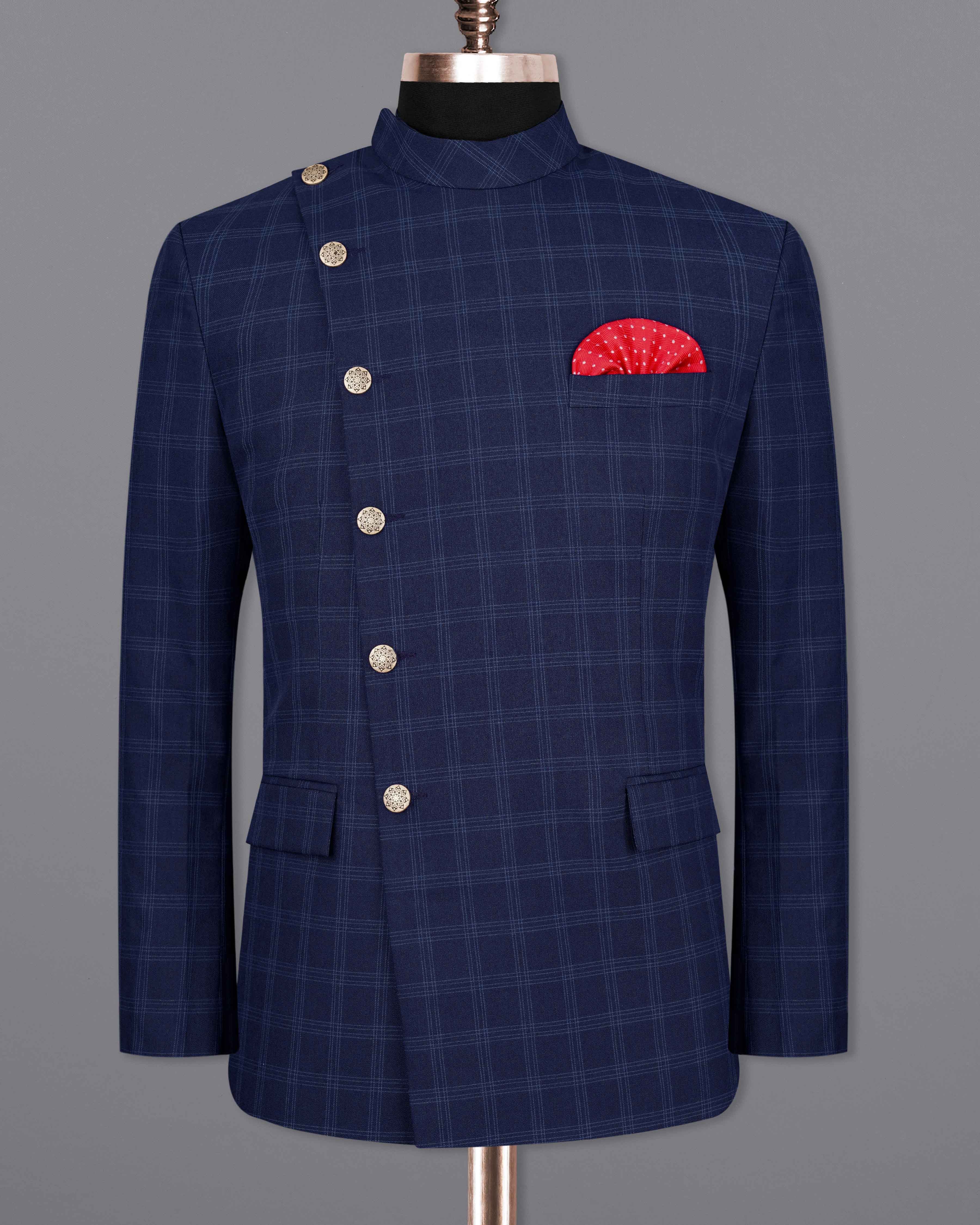 Baltic Sea Blue Windowpane Cross Placket Bandhgala Suit