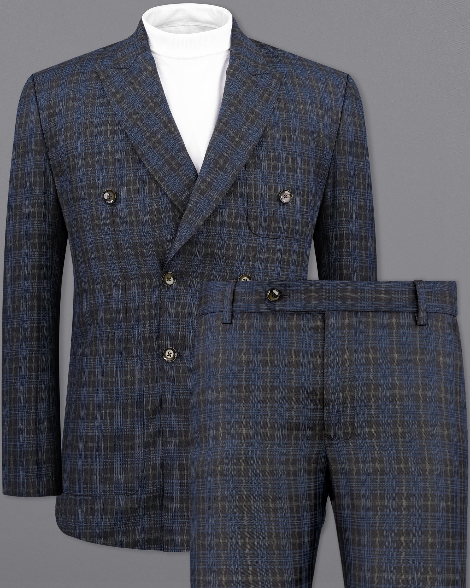 Fiord Navy Blue with Black Russian Plaid Double Breasted Sports Suit