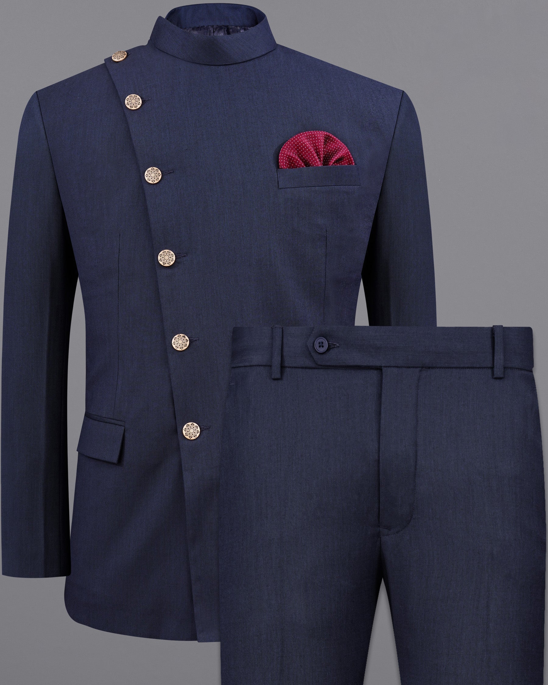 Gunmetal Navy Blue Cross Placket Bandhgala Suit