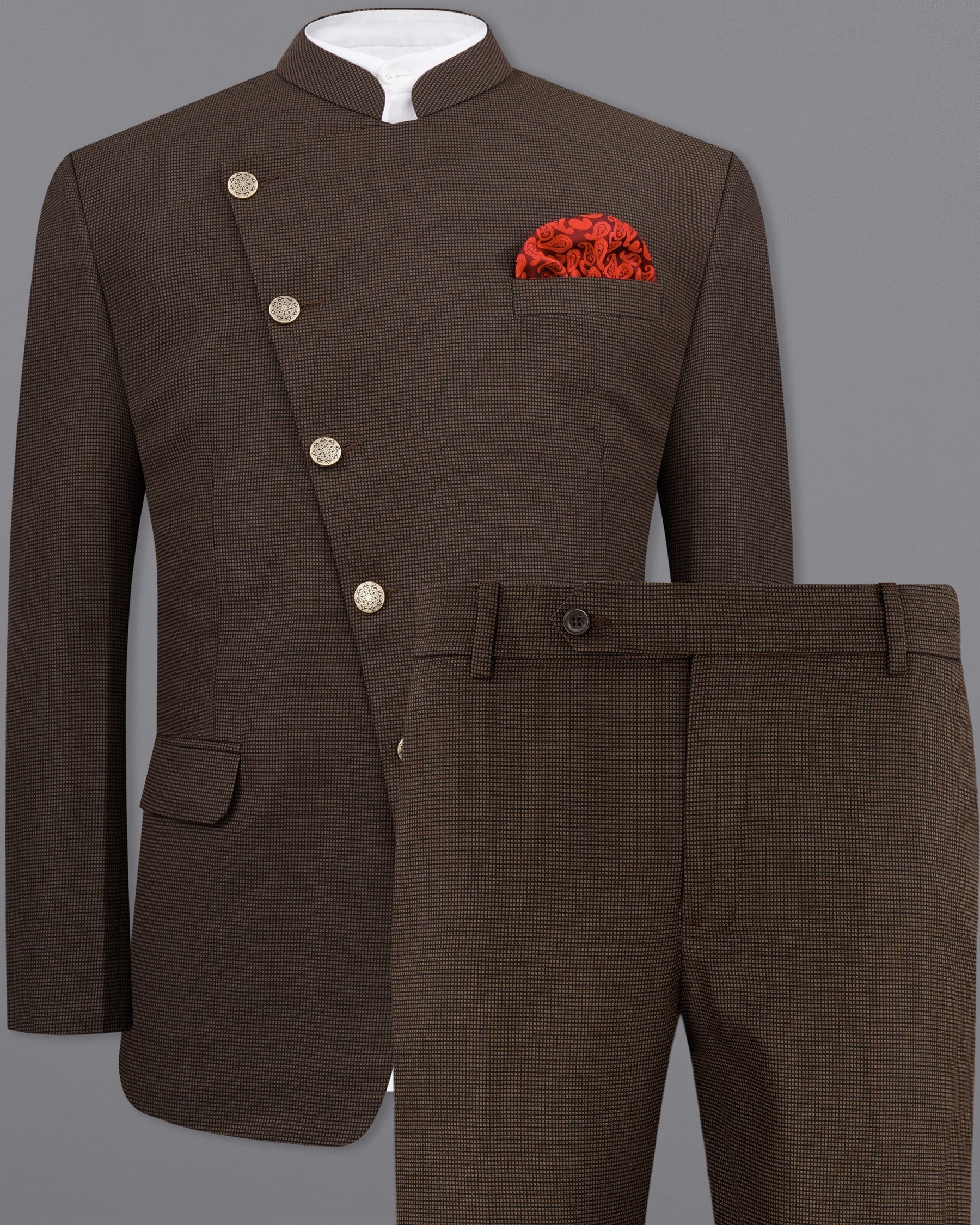 Eclipse Dark Brown Cross Placket Bandhgala Suit