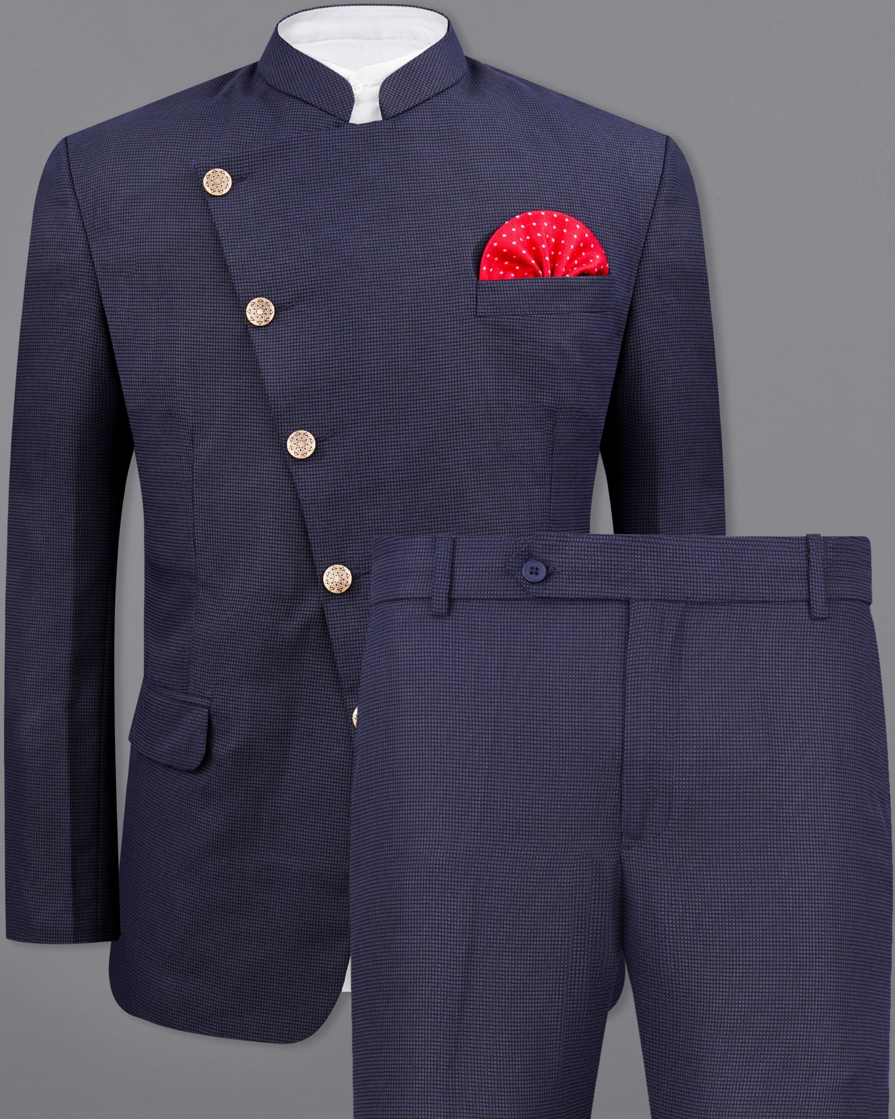 Ebony Clay Navy Blue Cross Placket Bandhgala Suit