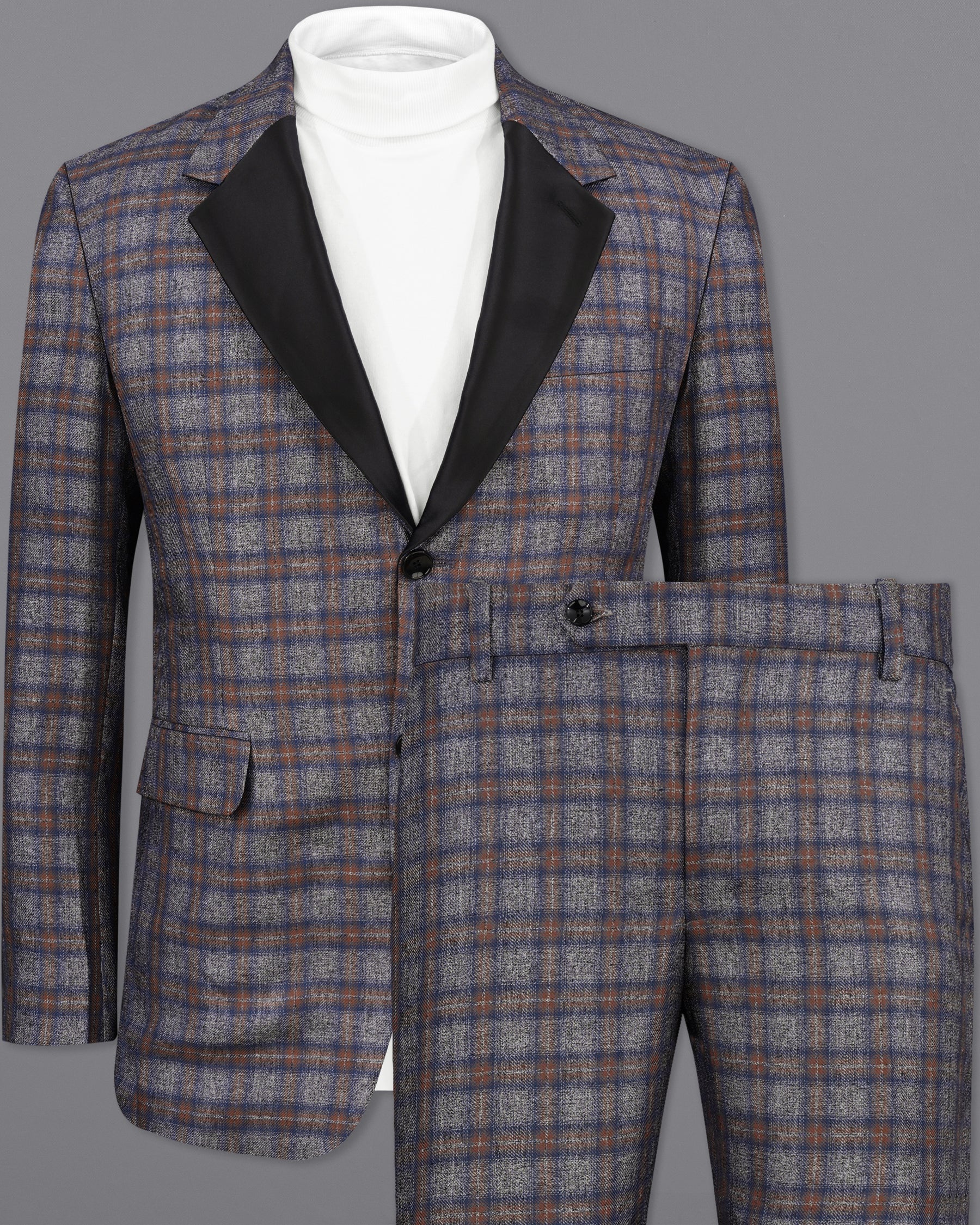 Fuscous Gray Checkered Single Breasted Black Lapel Designer Suit ST2144-SB-BKPL-36, ST2144-SB-BKPL-38, ST2144-SB-BKPL-40, ST2144-SB-BKPL-42, ST2144-SB-BKPL-44, ST2144-SB-BKPL-46, ST2144-SB-BKPL-48, ST2144-SB-BKPL-50, ST2144-SB-BKPL-52, ST2144-SB-BKPL-54, ST2144-SB-BKPL-56, ST2144-SB-BKPL-58, ST2144-SB-BKPL-60