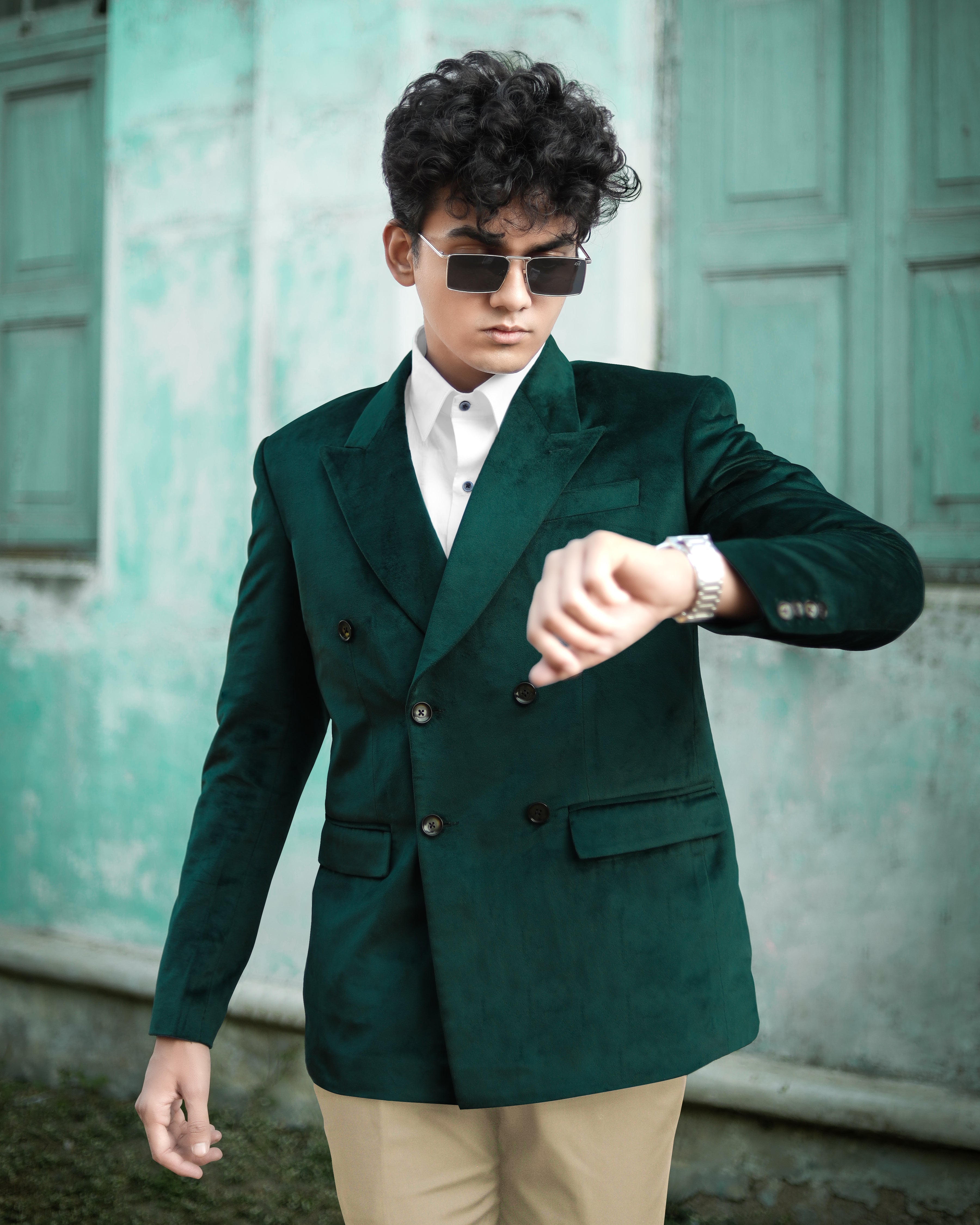 Burnham Dark Green Velvet Double-Breasted Designer Blazer