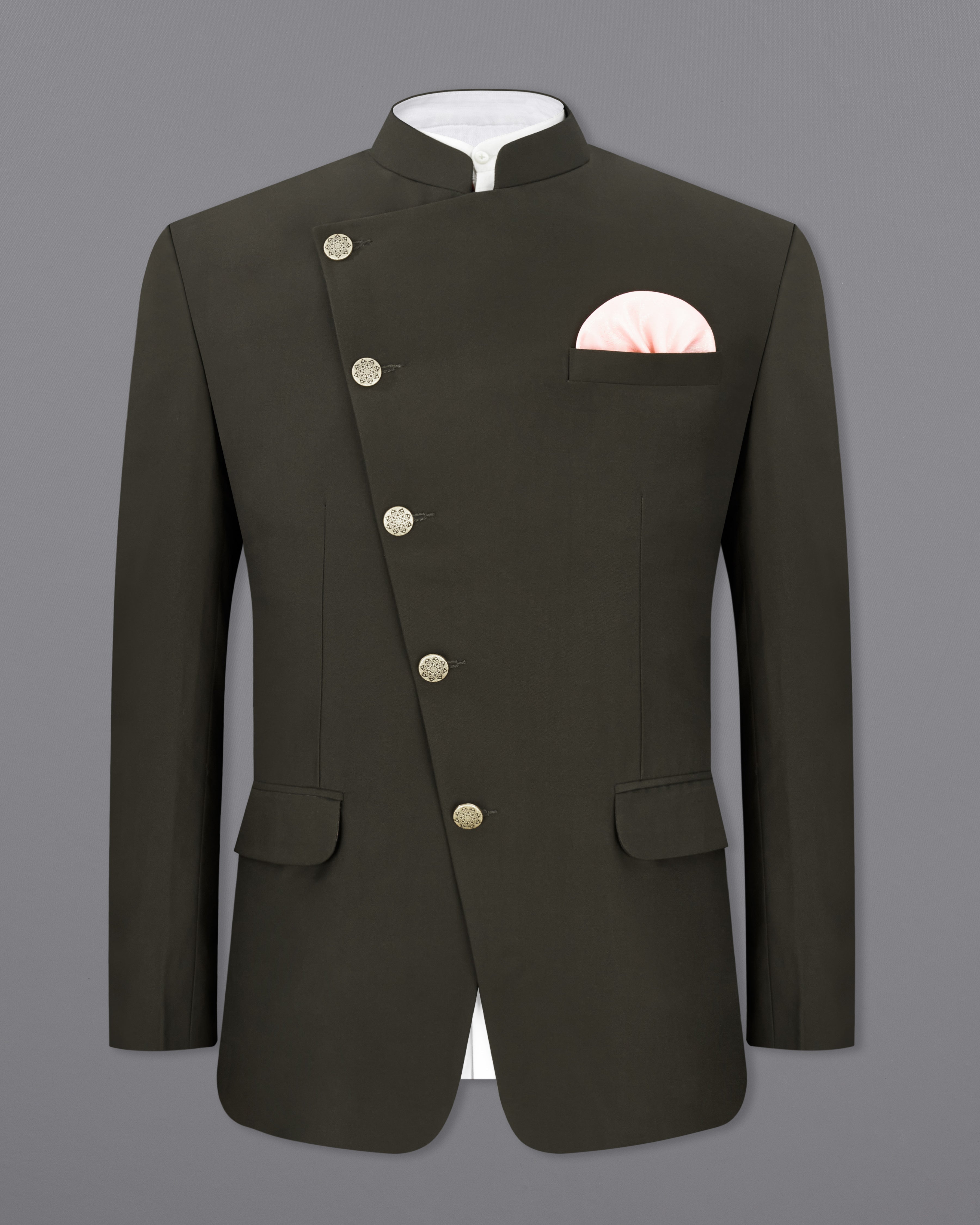 Bistre Green Cross Buttoned Bandhgala Suit ST2295-CBG-36, ST2295-CBG-38, ST2295-CBG-40, ST2295-CBG-42, ST2295-CBG-44, ST2295-CBG-46, ST2295-CBG-48, ST2295-CBG-50, ST2295-CBG-52, ST2295-CBG-54, ST2295-CBG-56, ST2295-CBG-58, ST2295-CBG-60