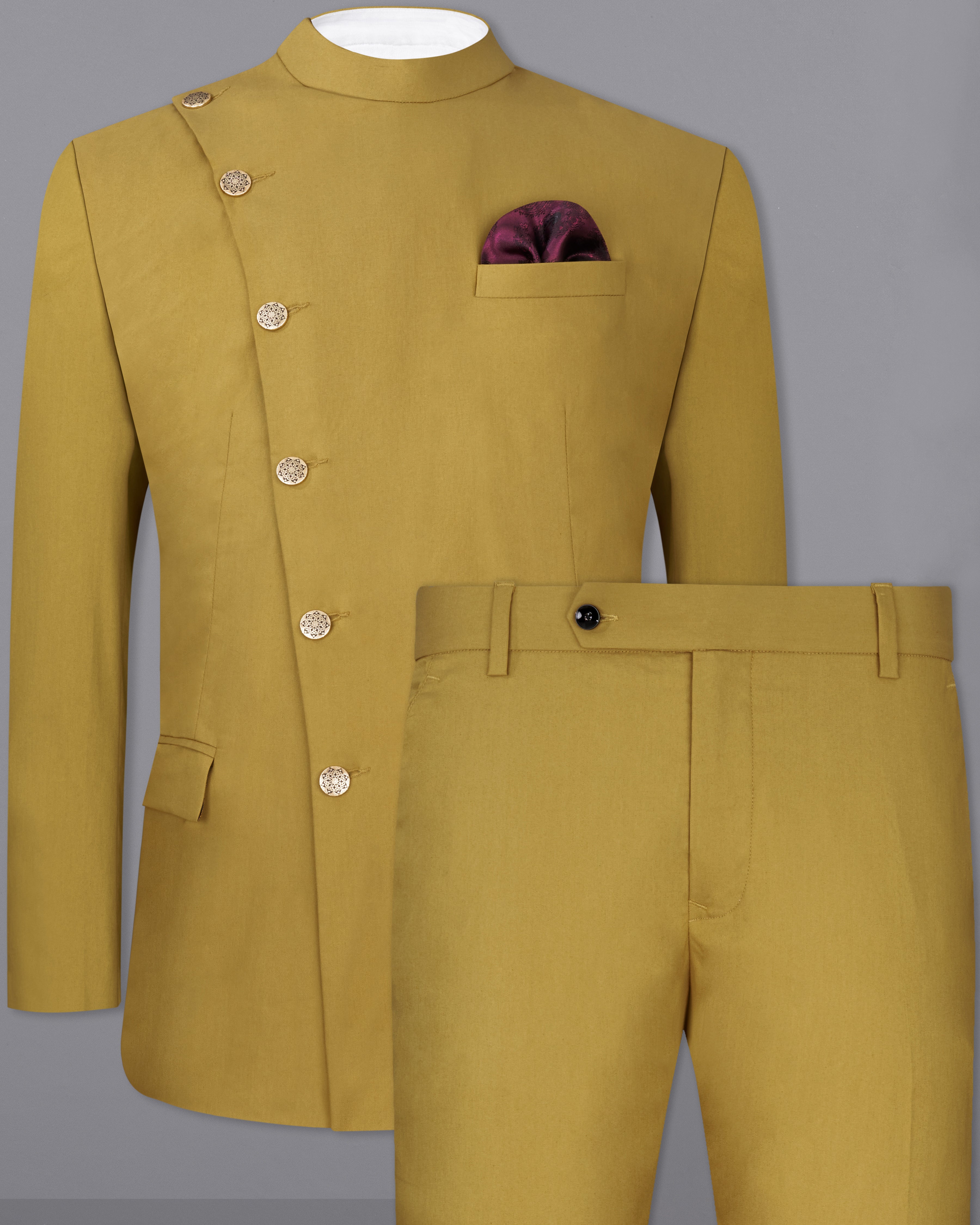 Sycamore Yellow Premium Cotton Cross Buttoned Bandhgala Suit ST2316-CBG2-36, ST2316-CBG2-38, ST2316-CBG2-40, ST2316-CBG2-42, ST2316-CBG2-44, ST2316-CBG2-46, ST2316-CBG2-48, ST2316-CBG2-50, ST2316-CBG2-52, ST2316-CBG2-54, ST2316-CBG2-56, ST2316-CBG2-58, ST2316-CBG2-60