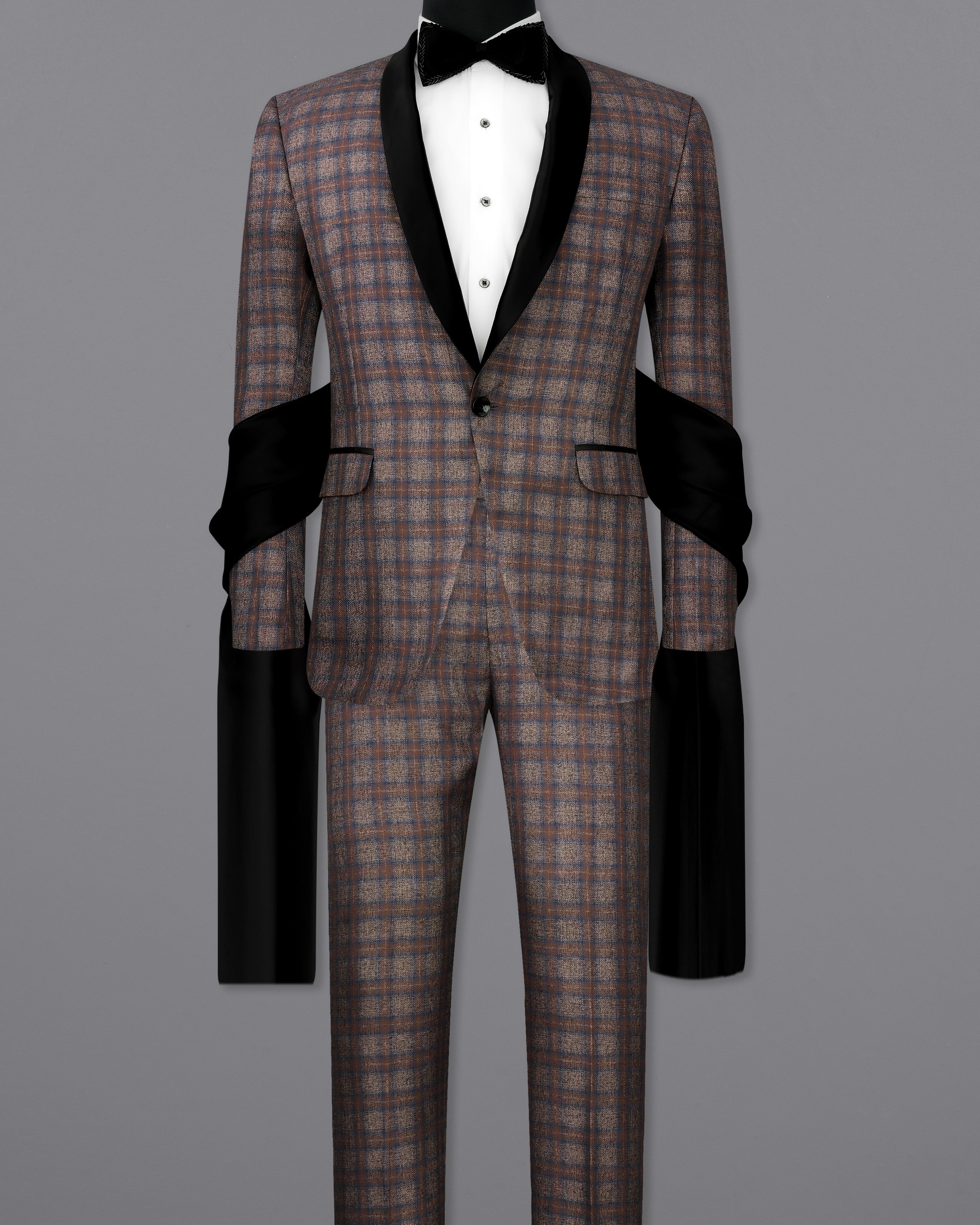 Hurricane Brown Plaid Tuxedo Designer Suit with Shawl ST2336-BKL-D241-36, ST2336-BKL-D241-38, ST2336-BKL-D241-40, ST2336-BKL-D241-42, ST2336-BKL-D241-44, ST2336-BKL-D241-46, ST2336-BKL-D241-48, ST2336-BKL-D241-50, ST2336-BKL-D241-52, ST2336-BKL-D241-54, ST2336-BKL-D241-56, ST2336-BKL-D241-58, ST2336-BKL-D241-60