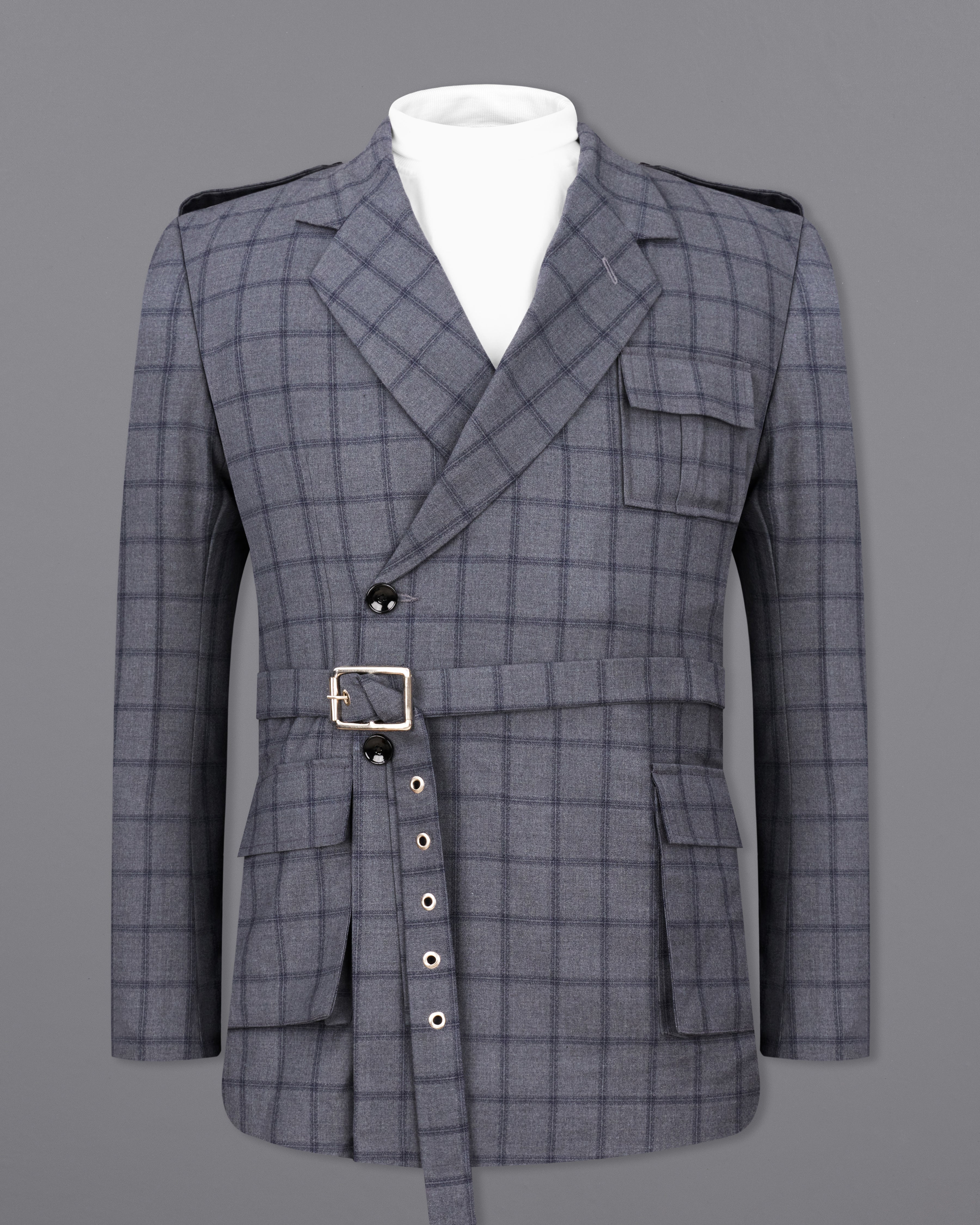 Wenge Gray Windowpane Double Breasted Designer Suit with Belt Closure ST2373-DB-D43-36, ST2373-DB-D43-38, ST2373-DB-D43-40, ST2373-DB-D43-42, ST2373-DB-D43-44, ST2373-DB-D43-46, ST2373-DB-D43-48, ST2373-DB-D43-50, ST2373-DB-D43-52, ST2373-DB-D43-54, ST2373-DB-D43-56, ST2373-DB-D43-58, ST2373-DB-D43-60