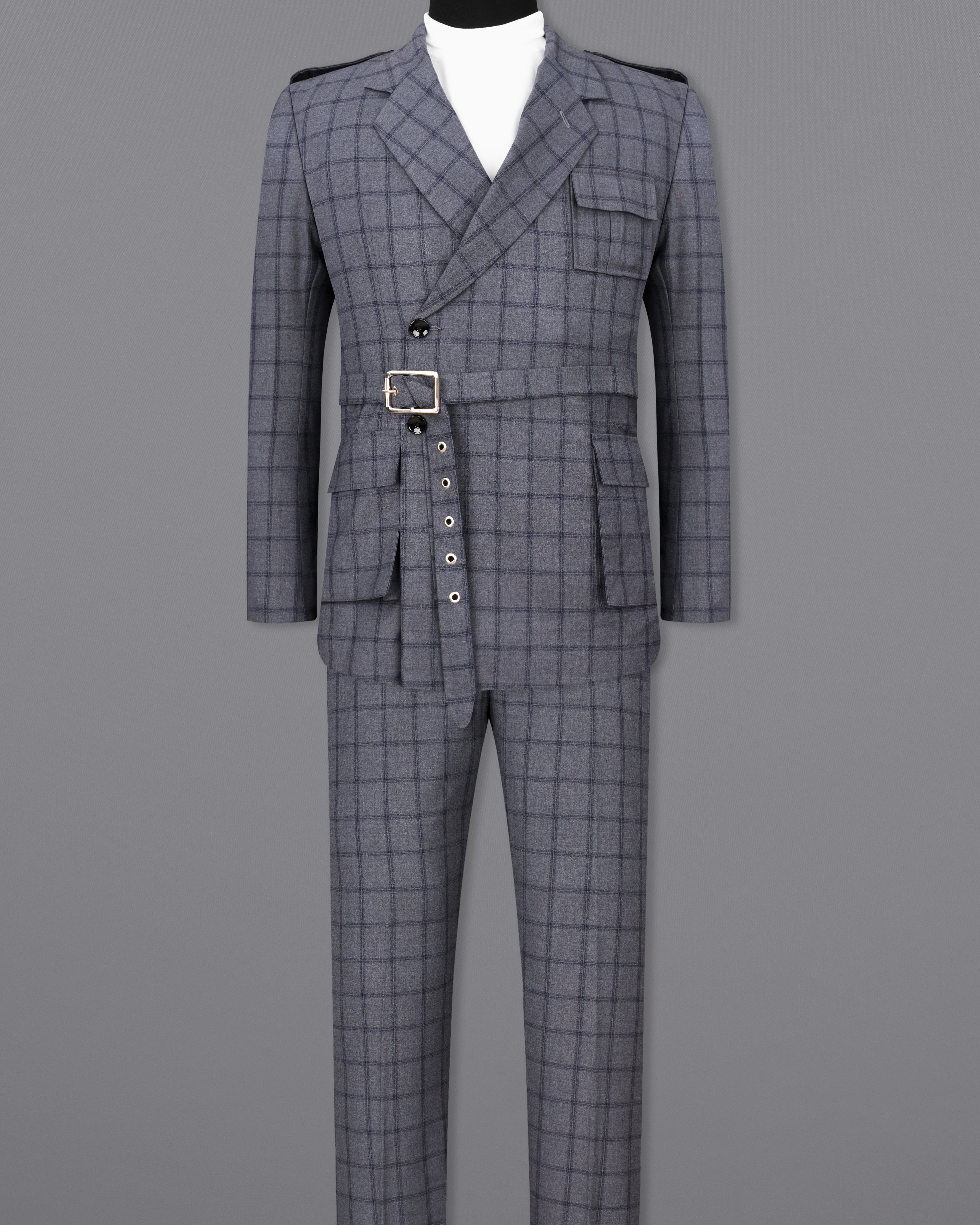 Wenge Gray Windowpane Double Breasted Designer Suit with Belt Closure ST2373-DB-D43-36, ST2373-DB-D43-38, ST2373-DB-D43-40, ST2373-DB-D43-42, ST2373-DB-D43-44, ST2373-DB-D43-46, ST2373-DB-D43-48, ST2373-DB-D43-50, ST2373-DB-D43-52, ST2373-DB-D43-54, ST2373-DB-D43-56, ST2373-DB-D43-58, ST2373-DB-D43-60