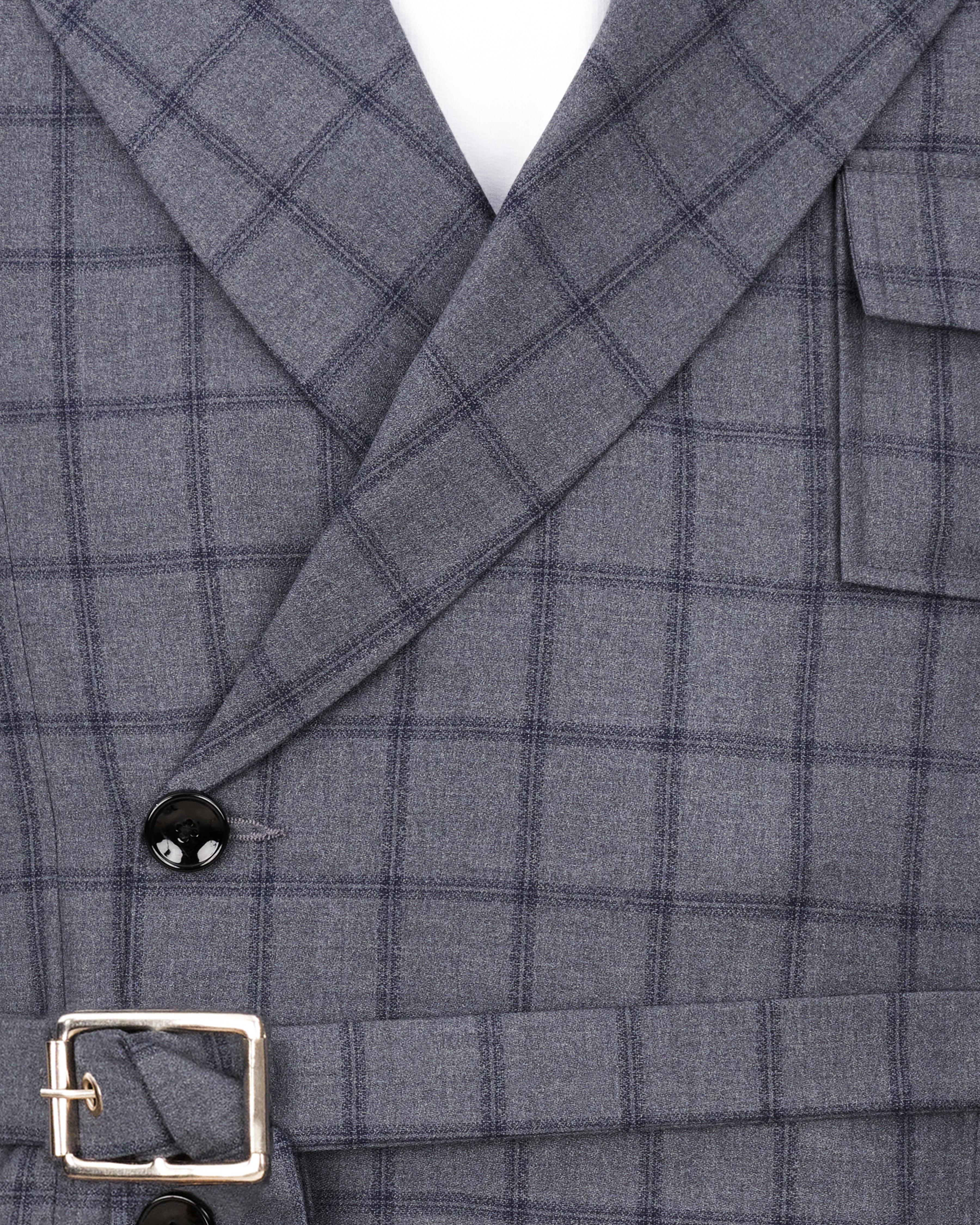 Wenge Gray Windowpane Double Breasted Designer Suit with Belt Closure ST2373-DB-D43-36, ST2373-DB-D43-38, ST2373-DB-D43-40, ST2373-DB-D43-42, ST2373-DB-D43-44, ST2373-DB-D43-46, ST2373-DB-D43-48, ST2373-DB-D43-50, ST2373-DB-D43-52, ST2373-DB-D43-54, ST2373-DB-D43-56, ST2373-DB-D43-58, ST2373-DB-D43-60