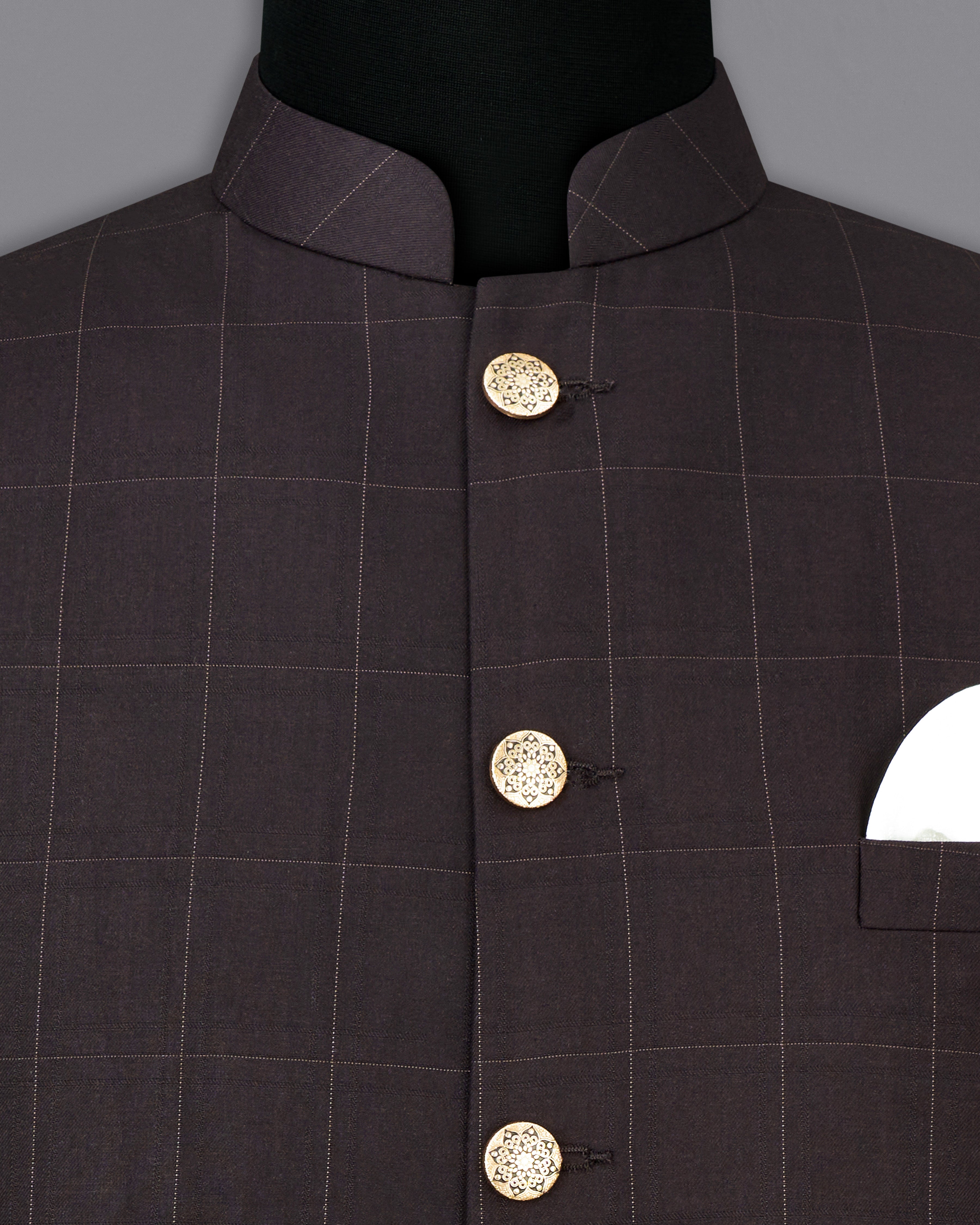 Piano Brown Windowpane Cross Placket Bandhgala Suit