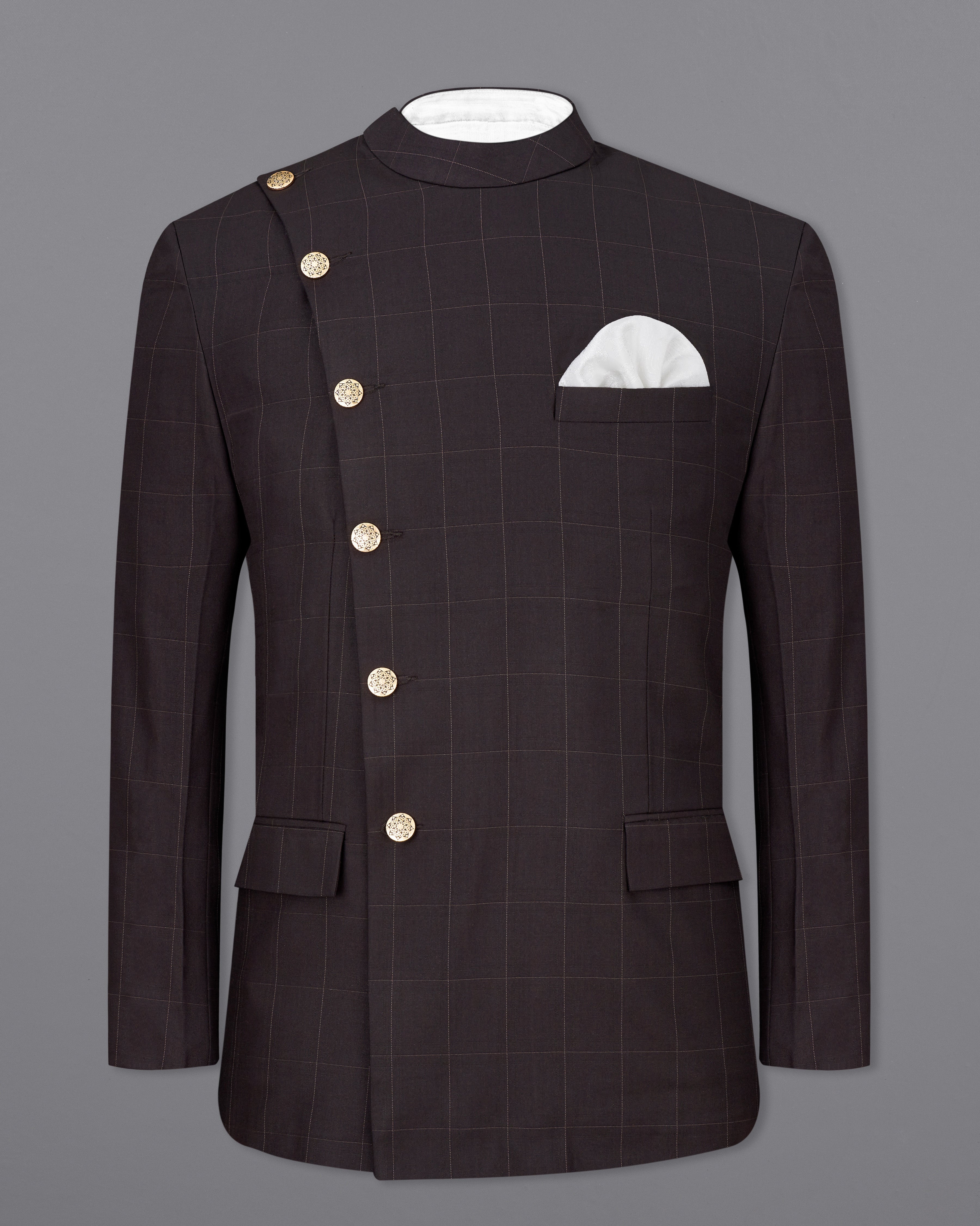 Piano Brown Windowpane Cross Placket Bandhgala Suit