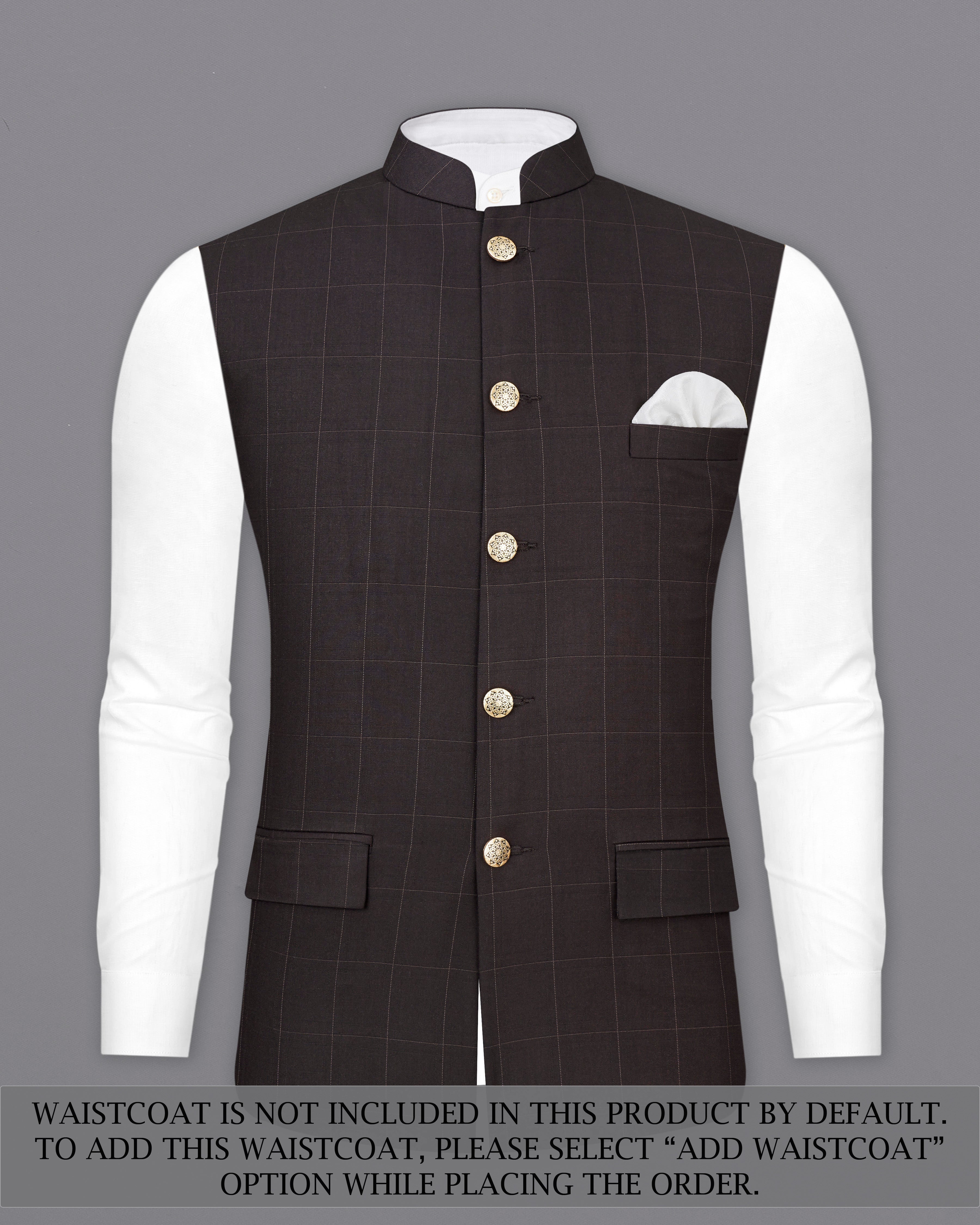 Piano Brown Windowpane Cross Placket Bandhgala Suit