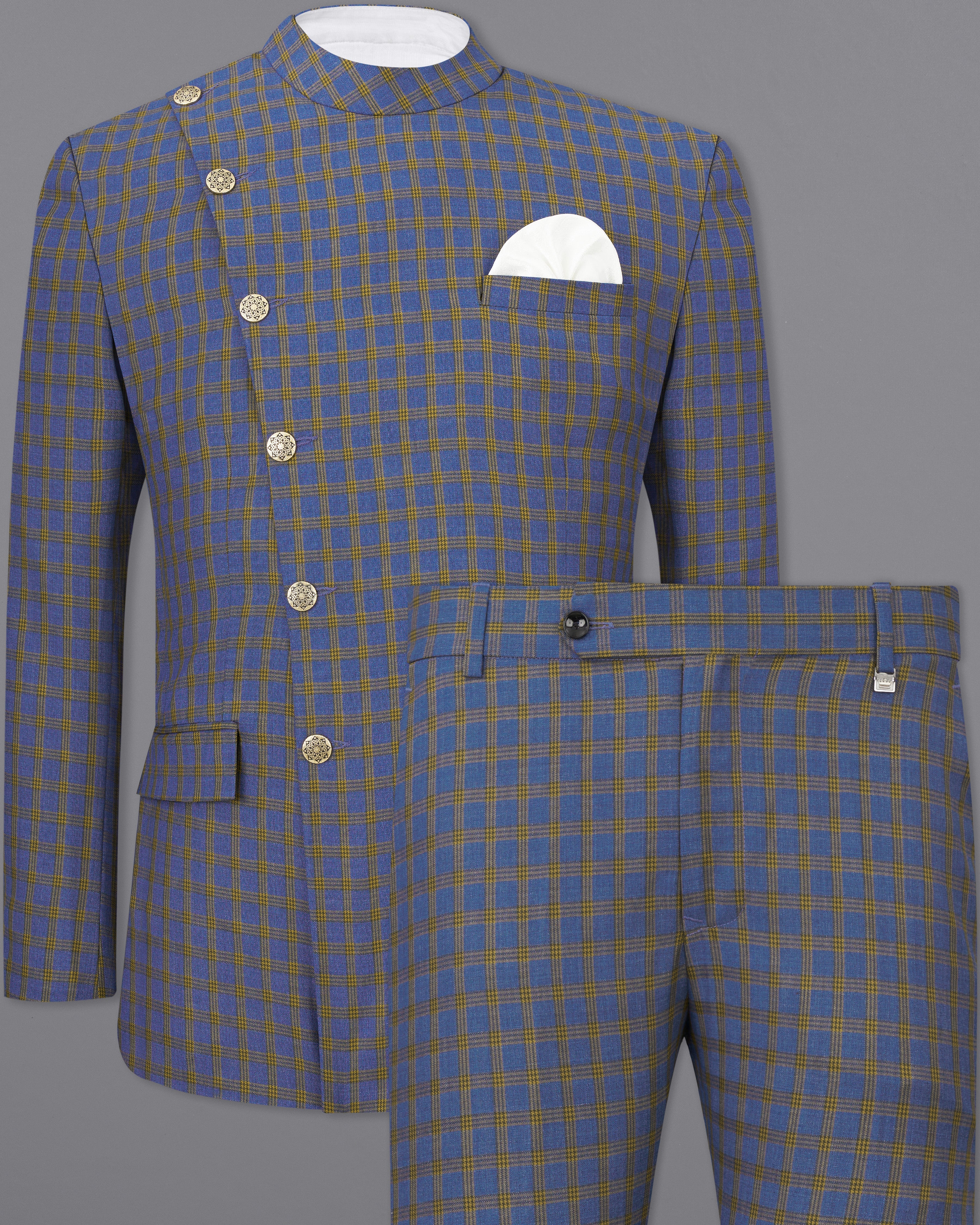 Twilight Blue with Alpine Brown Plaid Cross Buttoned Bandhgala Suit ST2488-CBG2-36, ST2488-CBG2-38, ST2488-CBG2-40, ST2488-CBG2-42, ST2488-CBG2-44, ST2488-CBG2-46, ST2488-CBG2-48, ST2488-CBG2-50, ST2488-CBG2-52, ST2488-CBG2-54, ST2488-CBG2-56, ST2488-CBG2-58, ST2488-CBG2-60