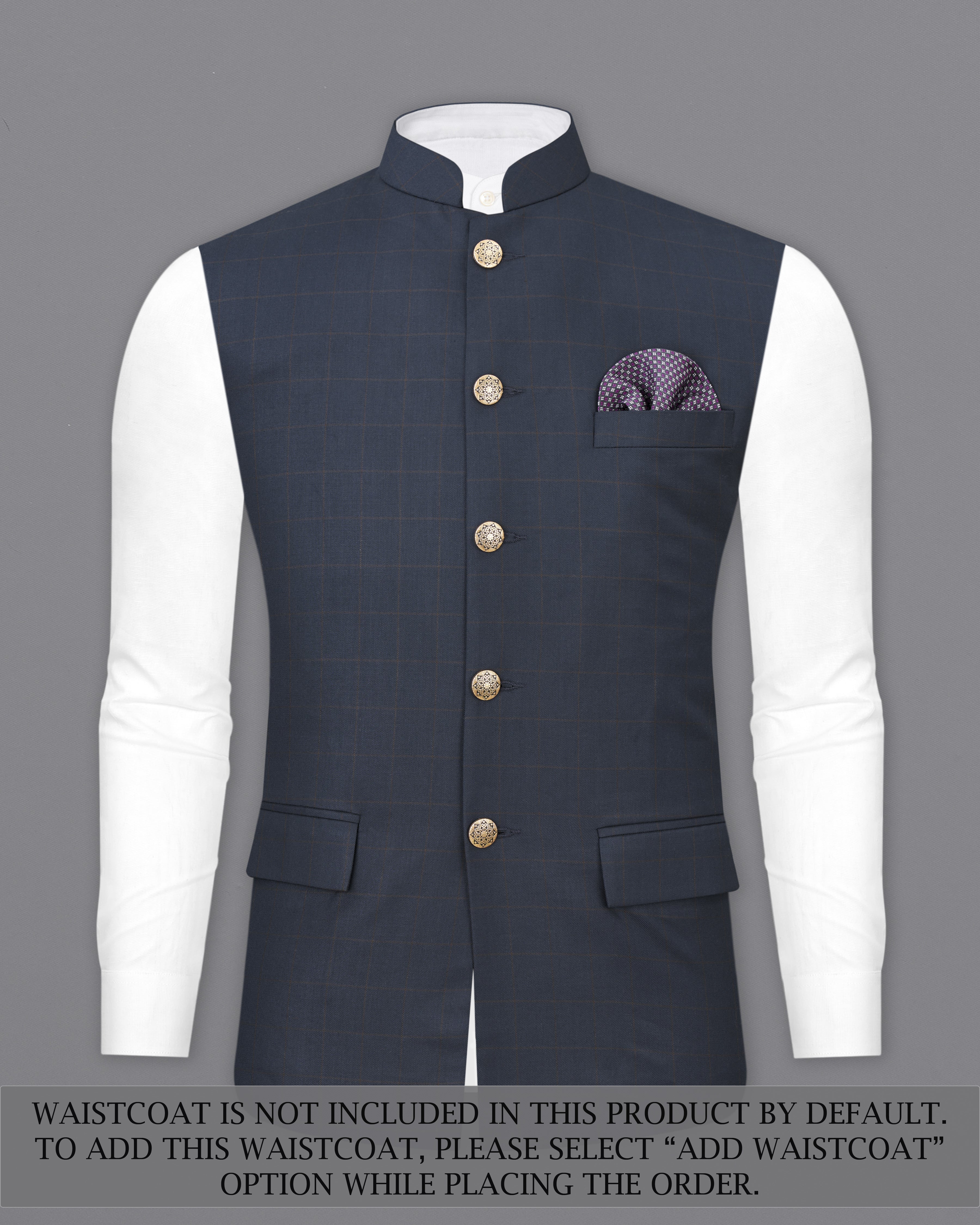 Ebony Clay Blue Windowpane Cross Placket Bandhgala Suit