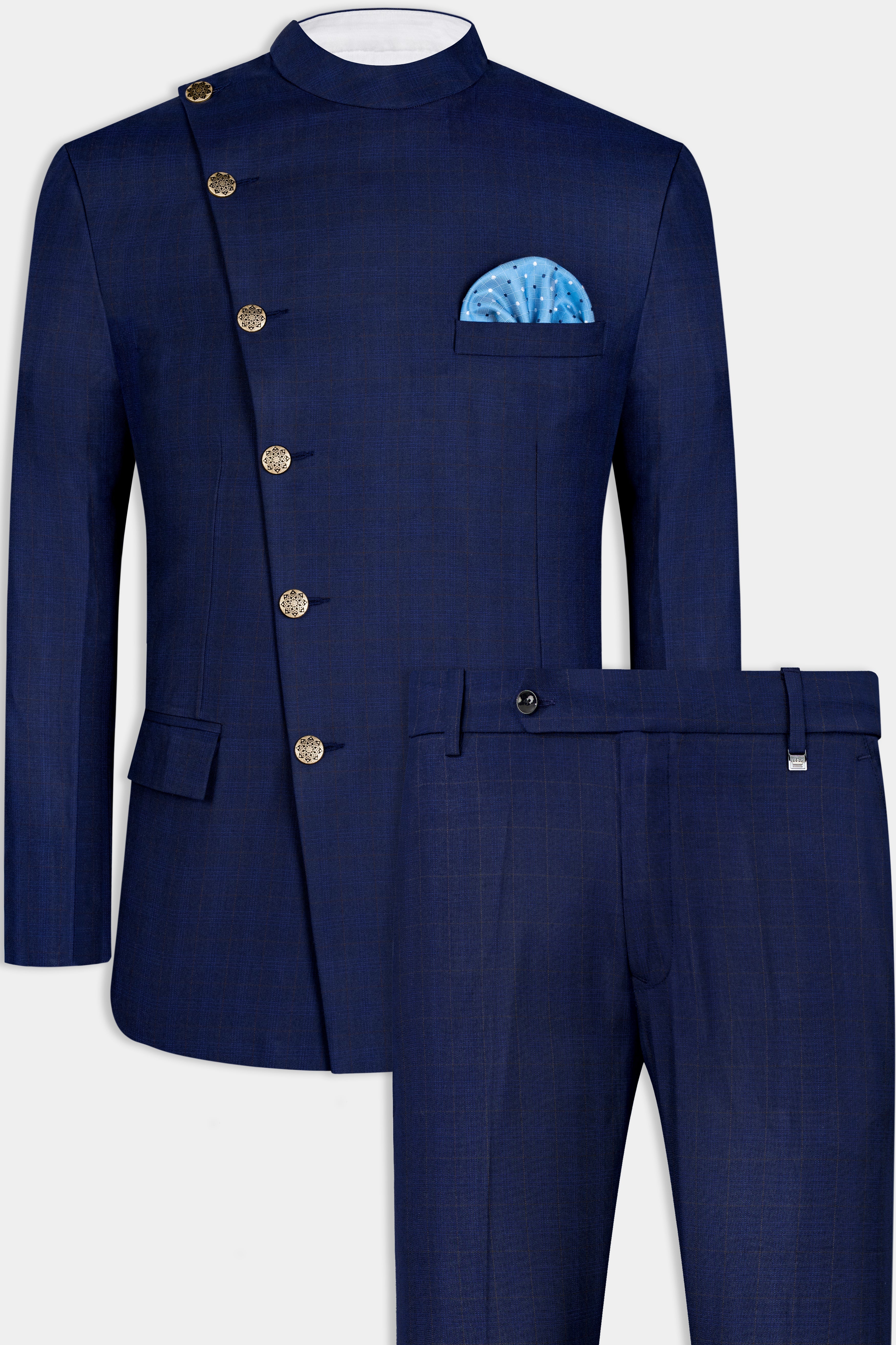 Tuna Blue Windowpane Cross Placket Bandhgaala Suit