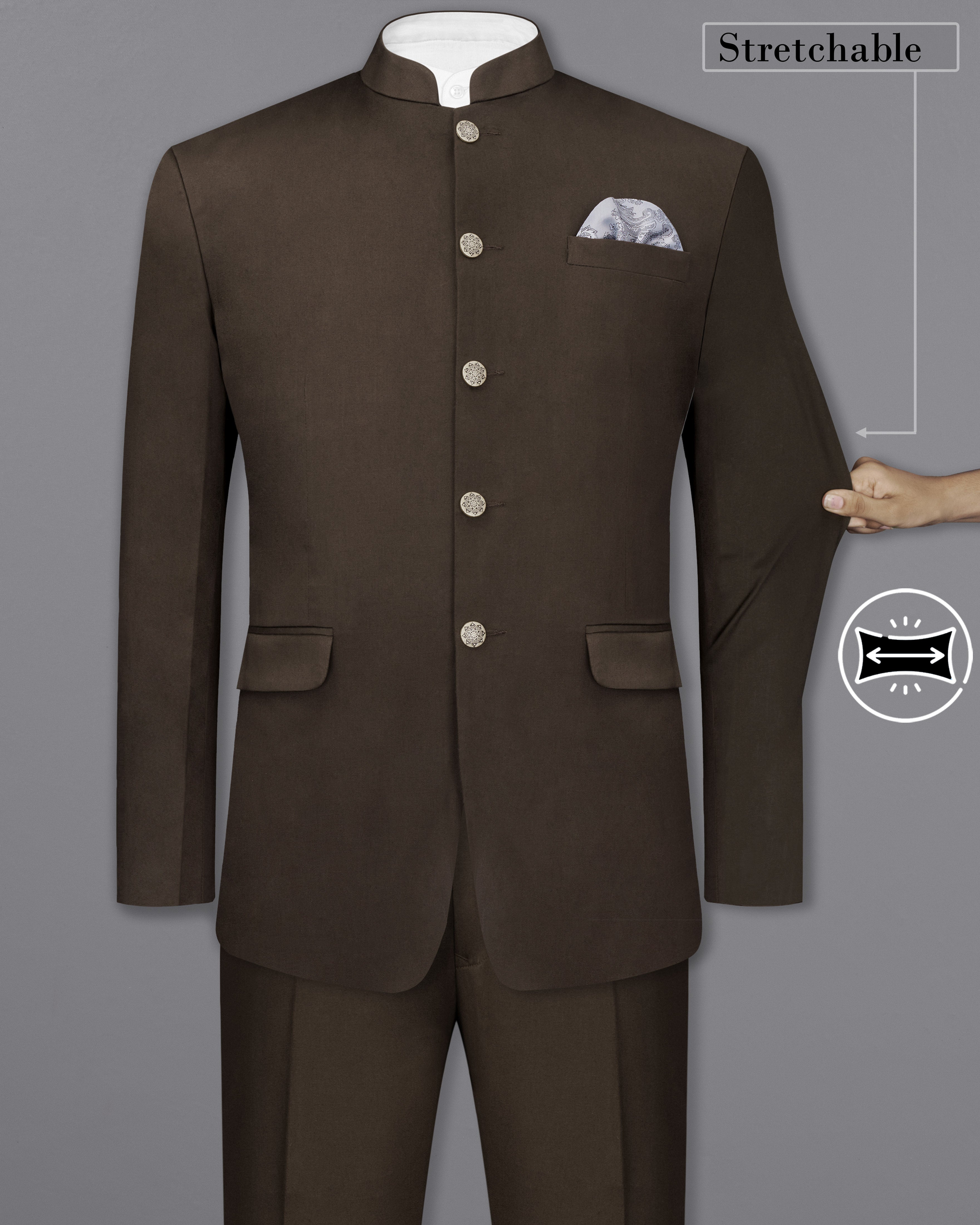 Walnut Brown Stretchable Premium Cotton Bandhgala Traveler Suit ST2629-BG-36, ST2629-BG-38, ST2629-BG-40, ST2629-BG-42, ST2629-BG-44, ST2629-BG-46, ST2629-BG-48, ST2629-BG-50, ST2629-BG-52, ST2629-BG-54, ST2629-BG-56, ST2629-BG-58, ST2629-BG-60