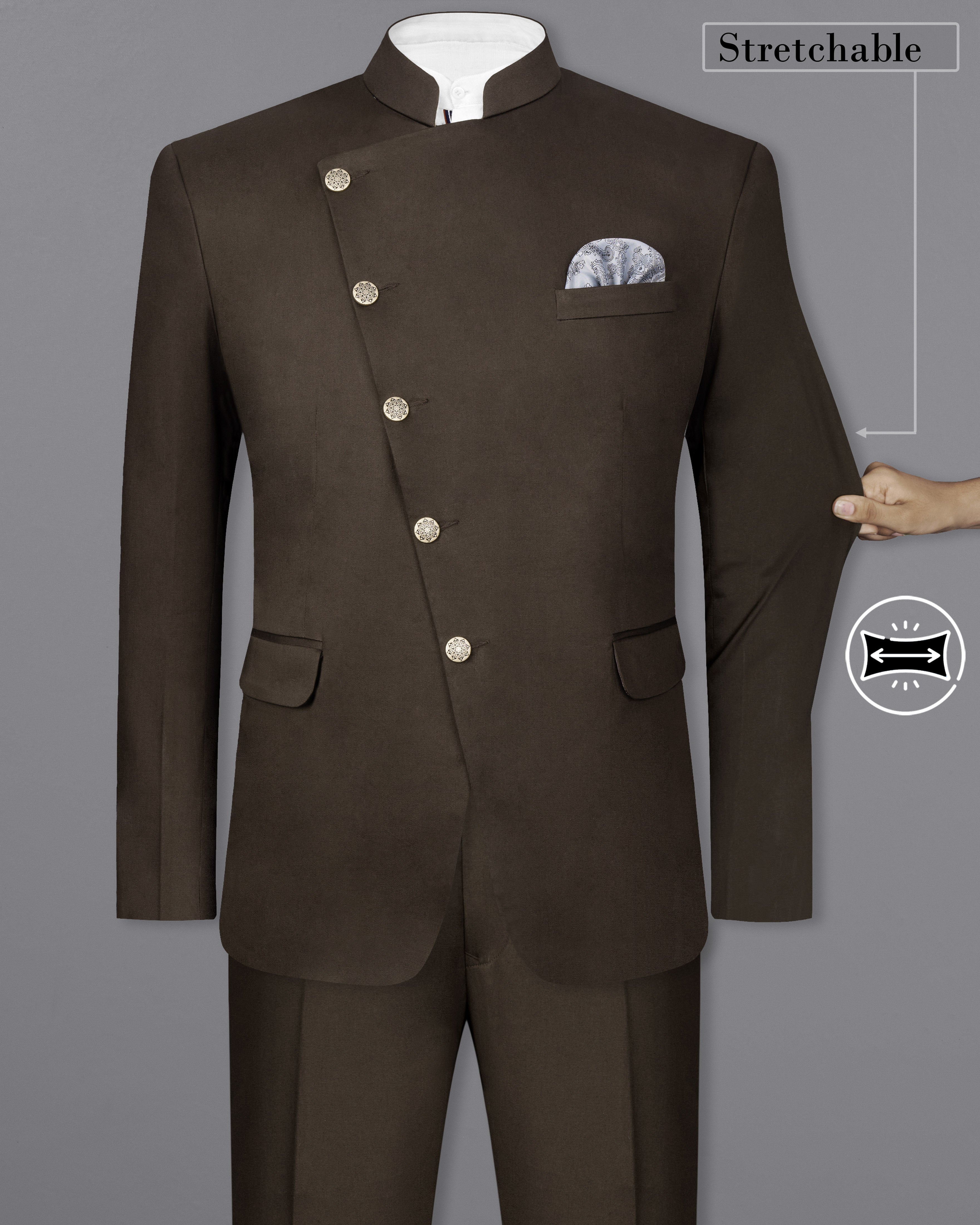 Walnut Brown Stretchable Premium Cotton Cross Placket Bandhgala traveler Suit ST2630-CBG-36, ST2630-CBG-38, ST2630-CBG-40, ST2630-CBG-42, ST2630-CBG-44, ST2630-CBG-46, ST2630-CBG-48, ST2630-CBG-50, ST2630-CBG-52, ST2630-CBG-54, ST2630-CBG-56, ST2630-CBG-58, ST2630-CBG-60