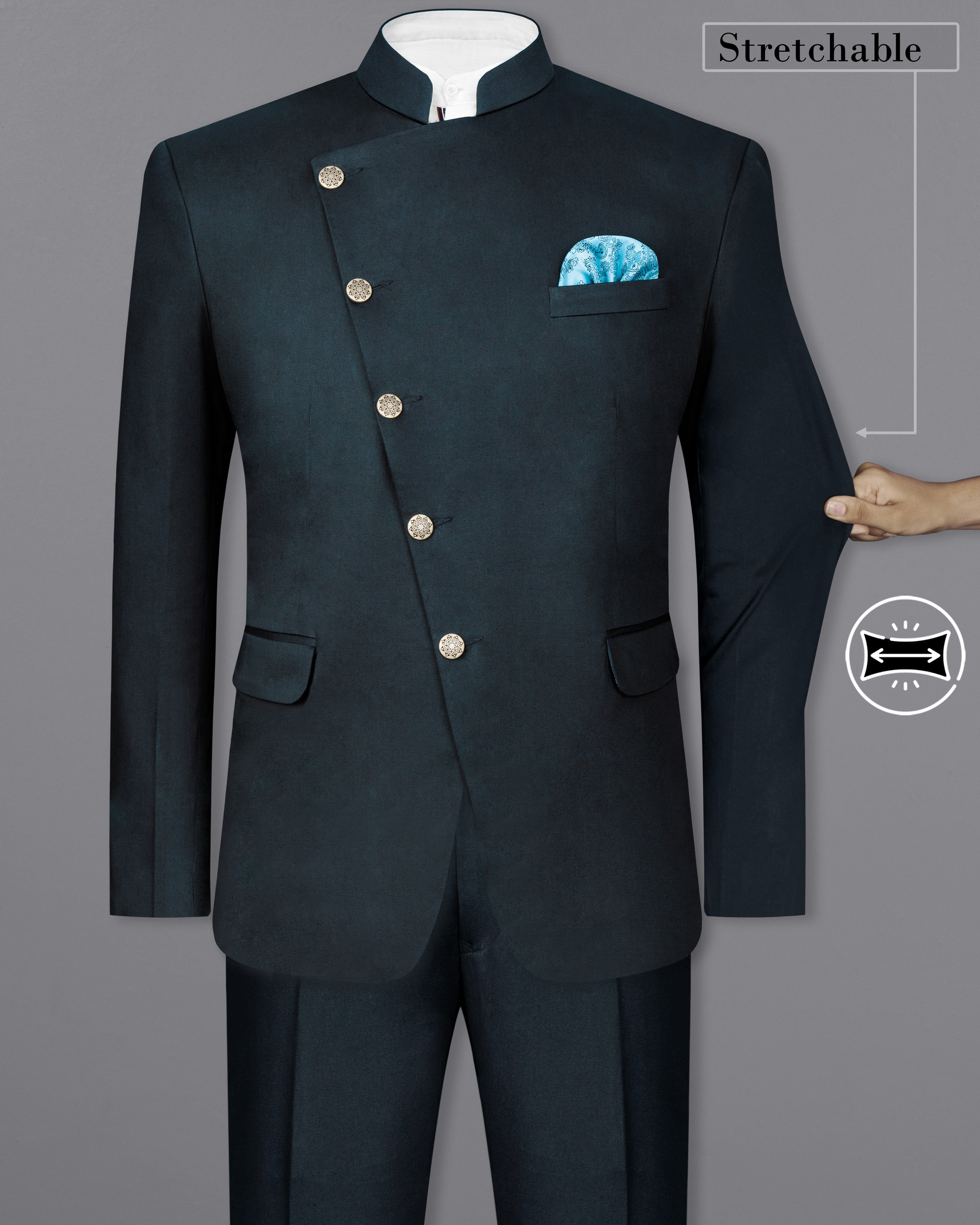 Timber Sea Blue Cross Placket Stretchable Premium Cotton Bandhgala traveler Suit ST2640-CBG-36,ST2640-CBG-38,ST2640-CBG-40,ST2640-CBG-42,ST2640-CBG-44,ST2640-CBG-46,ST2640-CBG-48,ST2640-CBG-50,ST2640-CBG-52,ST2640-CBG-54,ST2640-CBG-56,ST2640-CBG-58,ST2640-CBG-60