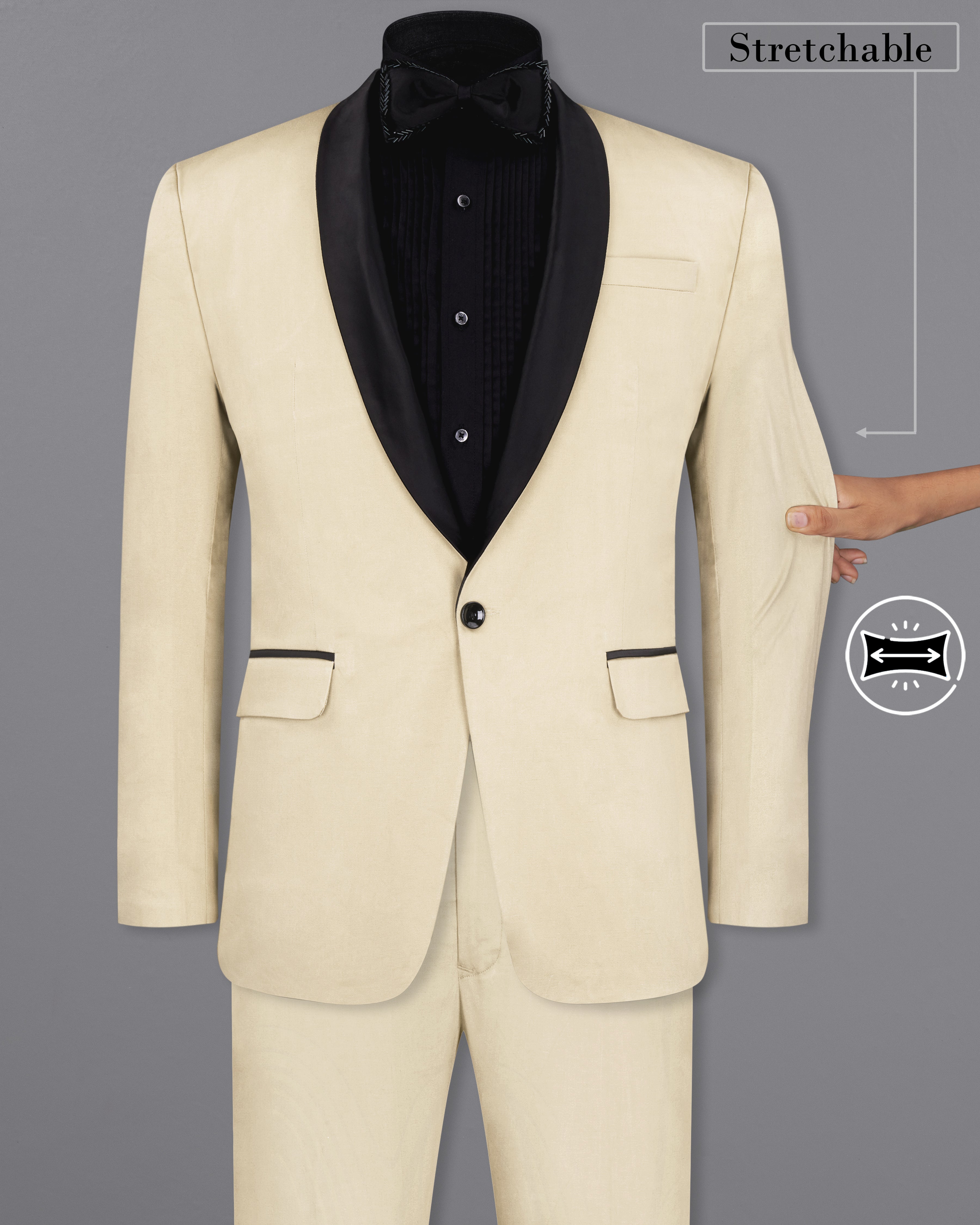 Moon Mist Beige With Black Lapel Stretchable Tuxedo Premium Cotton traveler Suit ST2676-BKL-36,ST2676-BKL-38,ST2676-BKL-40,ST2676-BKL-42,ST2676-BKL-44,ST2676-BKL-46,ST2676-BKL-48,ST2676-BKL-50,ST2676-BKL-52,ST2676-BKL-54,ST2676-BKL-56,ST2676-BKL-58,ST2676-BKL-60