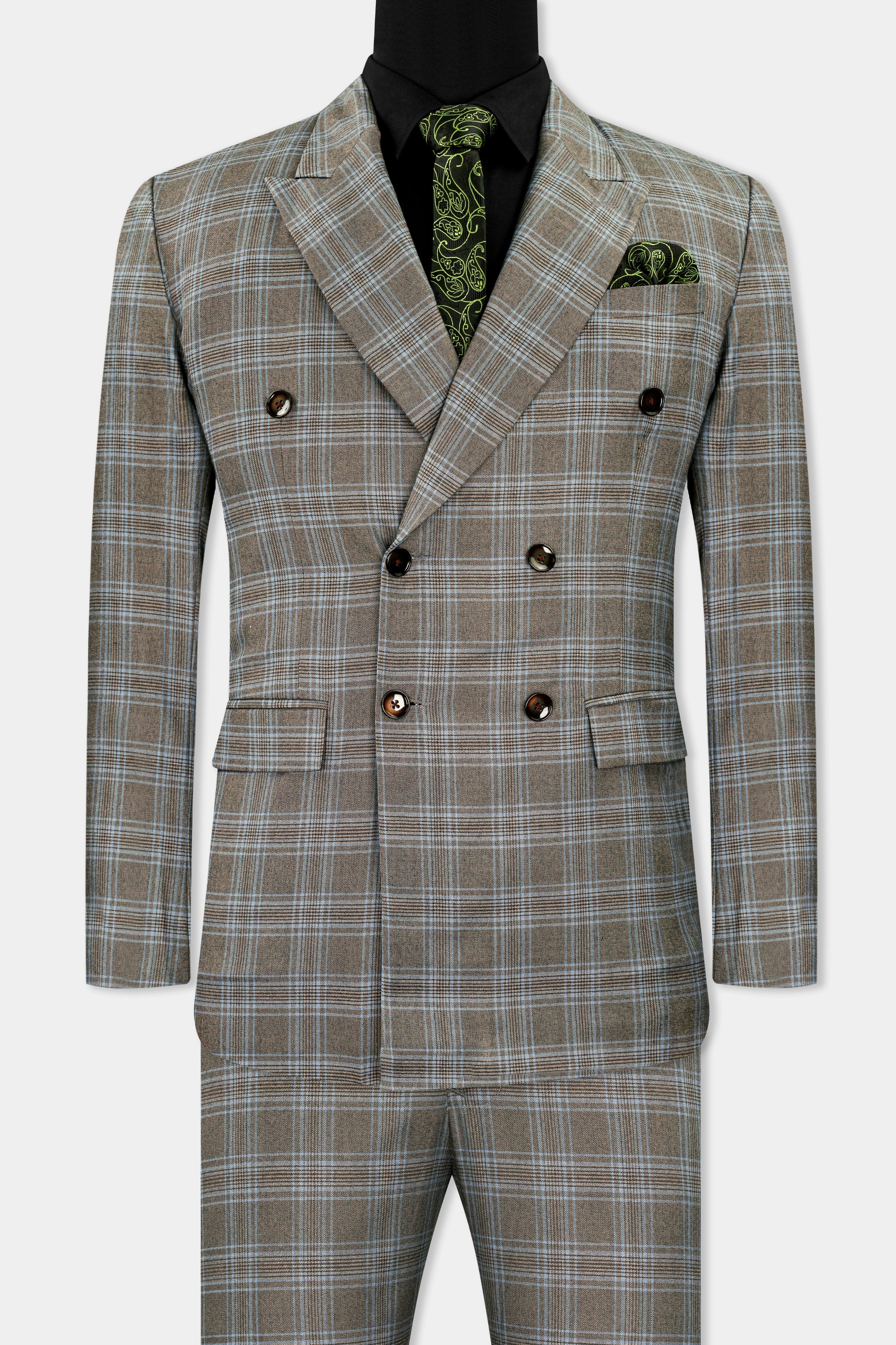 Dorado Brown with Casper Gray Plaid Wool Rich Double Breasted Suit ST2745-DB-36,ST2745-DB-38,ST2745-DB-40,ST2745-DB-42,ST2745-DB-44,ST2745-DB-46,ST2745-DB-48,ST2745-DB-50,ST2745-DB-52,ST2745-DB-54,ST2745-DB-56,ST2745-DB-58,ST2745-DB-60