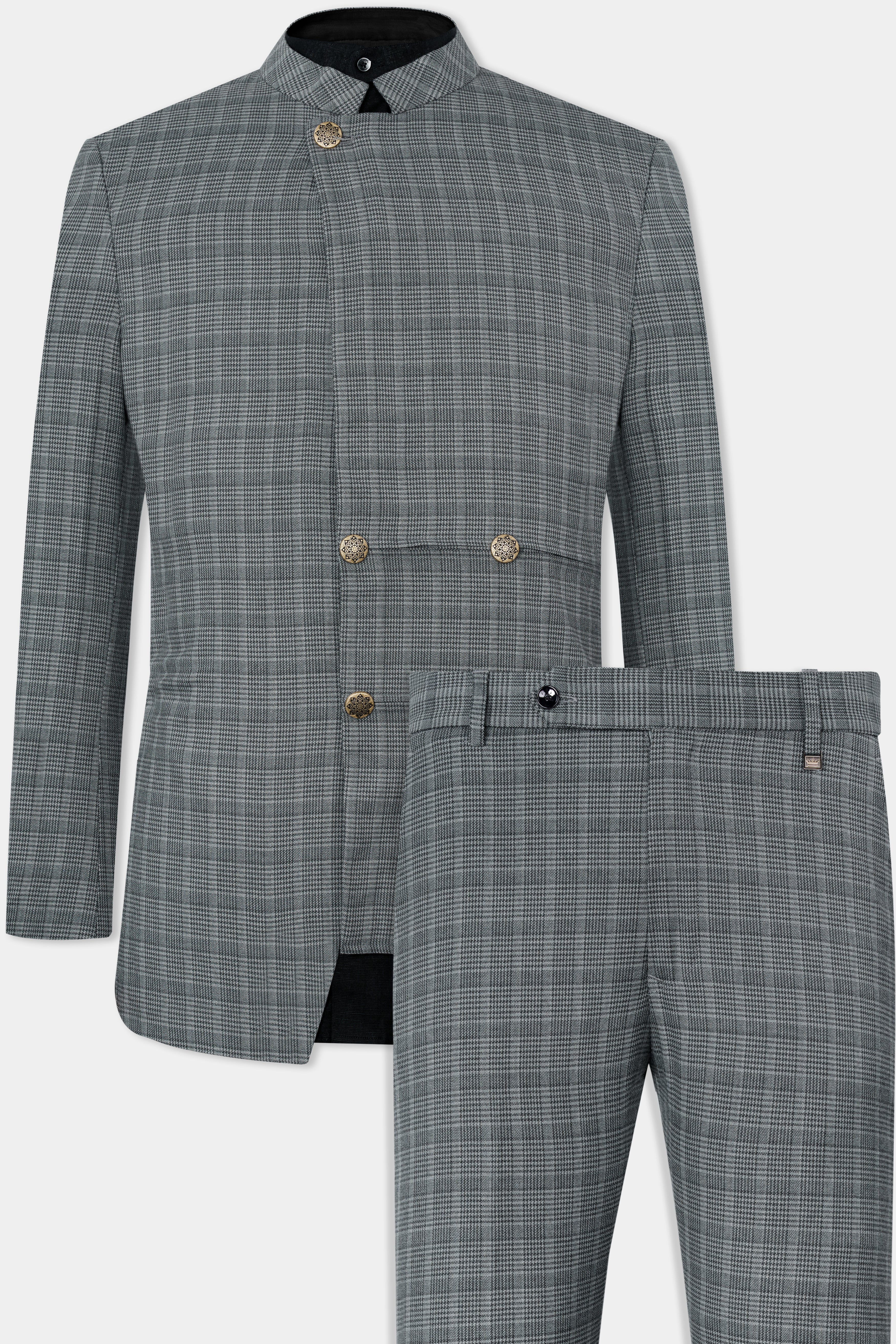 Oslo Gray Checkered Wool Rich Bandhgala Designer Stretchable Traveler Suit ST2801-D38-36,ST2801-D38-38,ST2801-D38-40,ST2801-D38-42,ST2801-D38-44,ST2801-D38-46,ST2801-D38-48,ST2801-D38-50,ST2801-D38-52,ST2801-D38-54,ST2801-D38-56,ST2801-D38-58,ST2801-D38-60